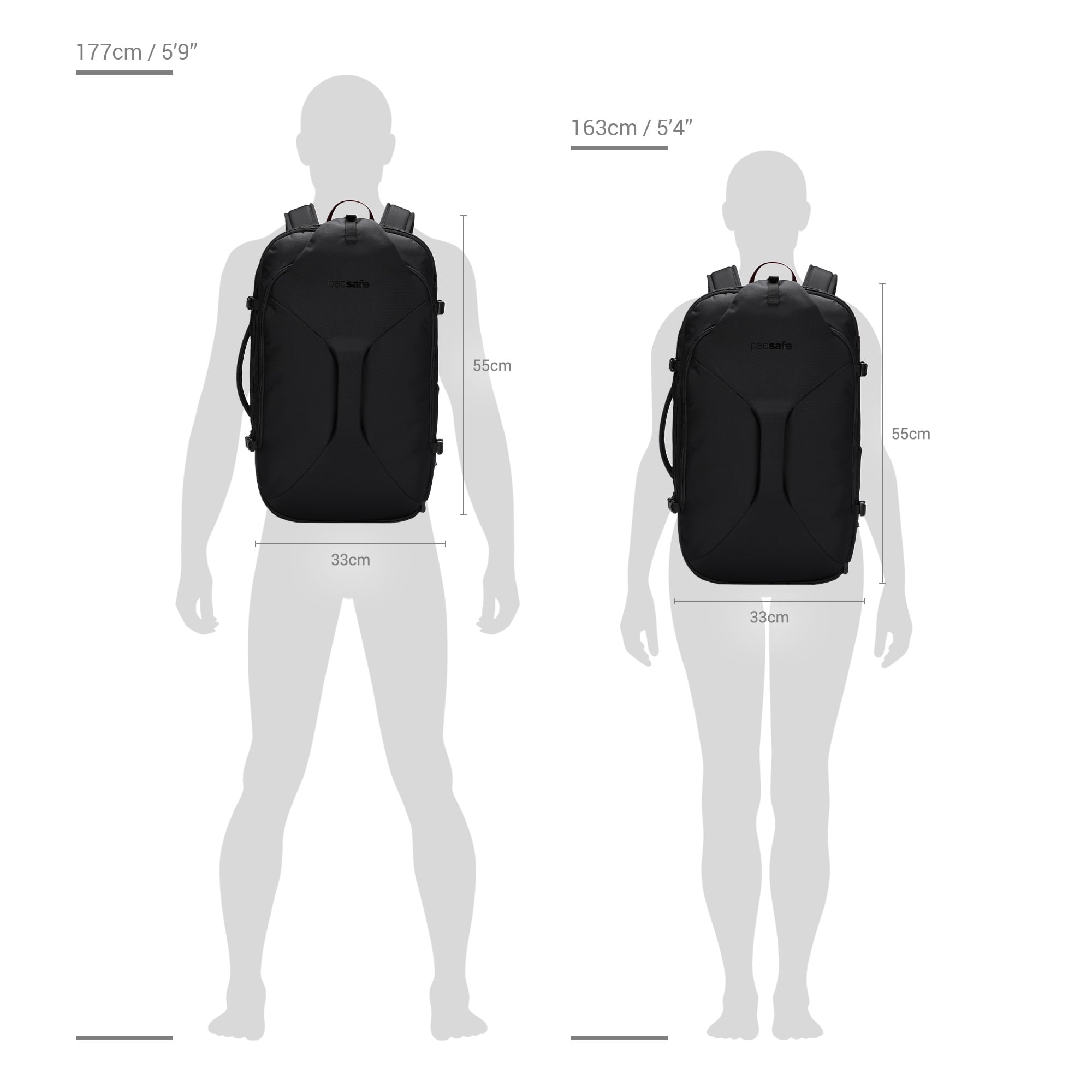 Size chart for Pacsafe® EXP45 anti-theft carry-on travel pack