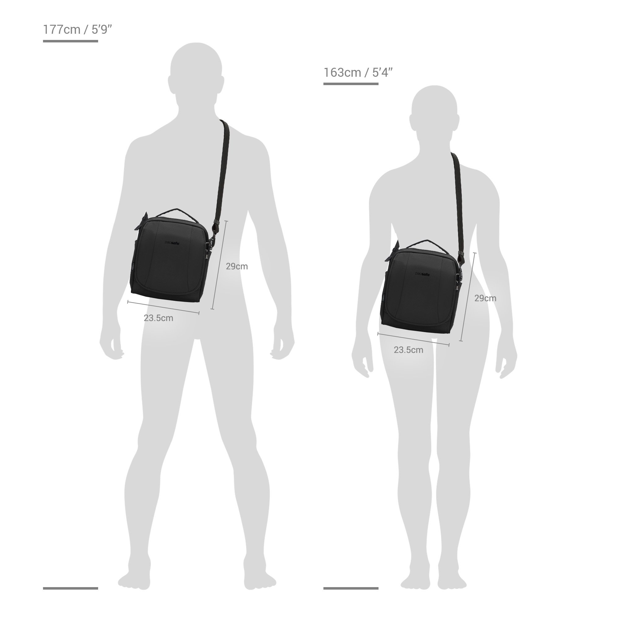 Size chart for Pacsafe® LS200 anti-theft crossbody bag