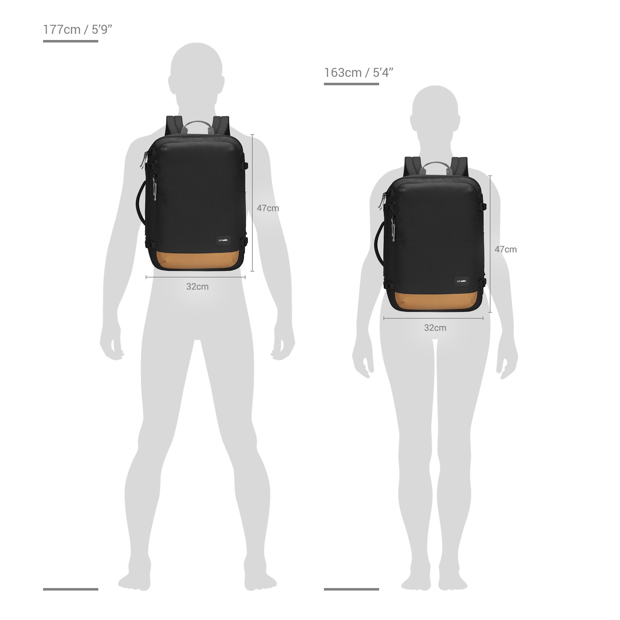 Size chart for Pacsafe® GO 34L anti-theft carryon backpack