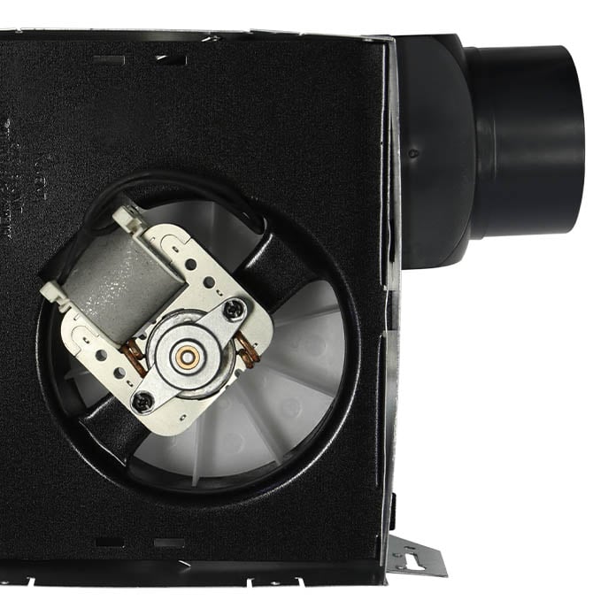 View of the bath fan motor and blower wheel beneath the grille.