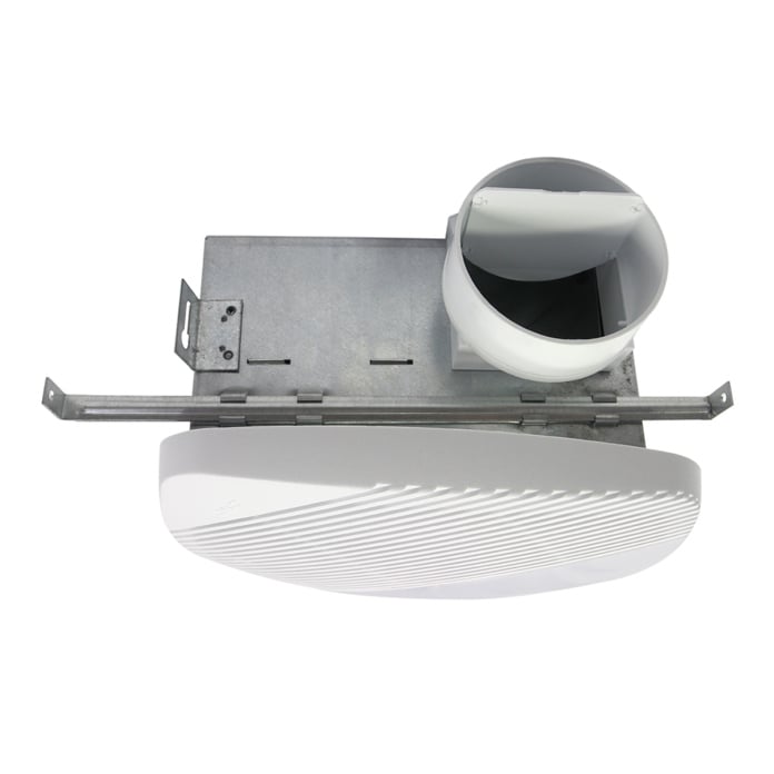View of the MS Series bath fan showing the 4 in. duct and adjustable L brackets.