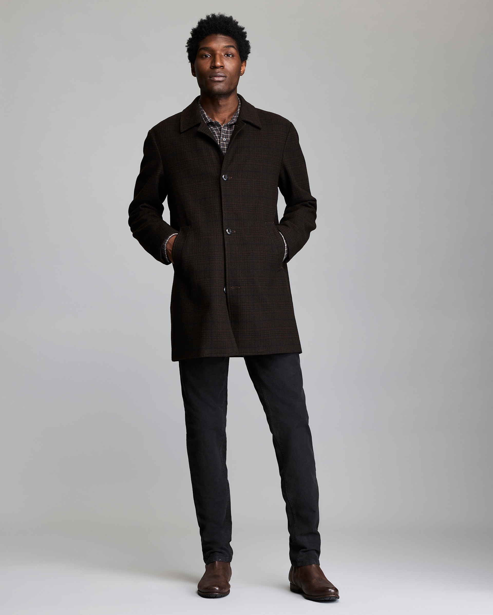 Model shows the fit of the coat.