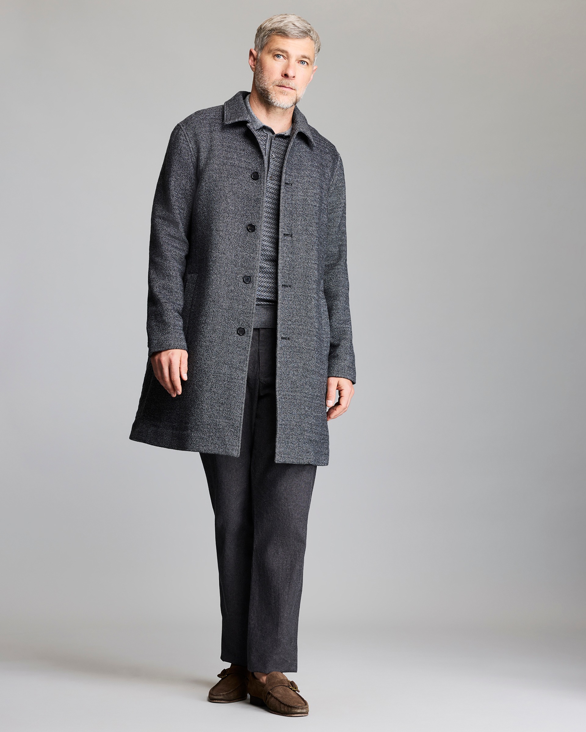 Model shows the fit of the coat.