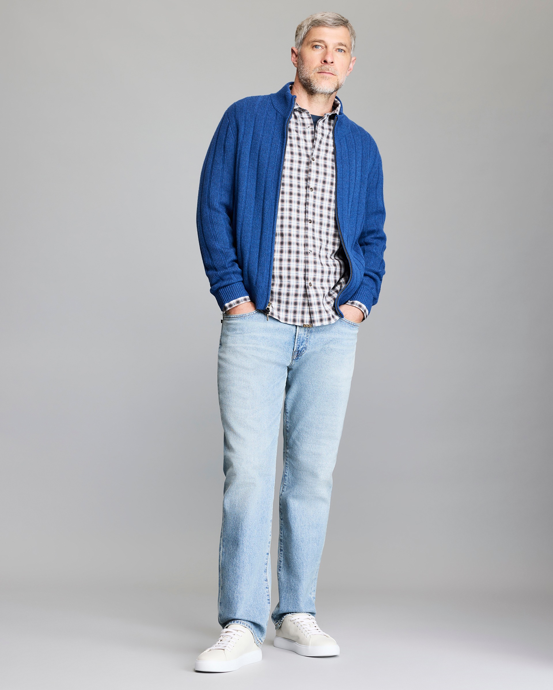 Model shows the fit of the cardigan.