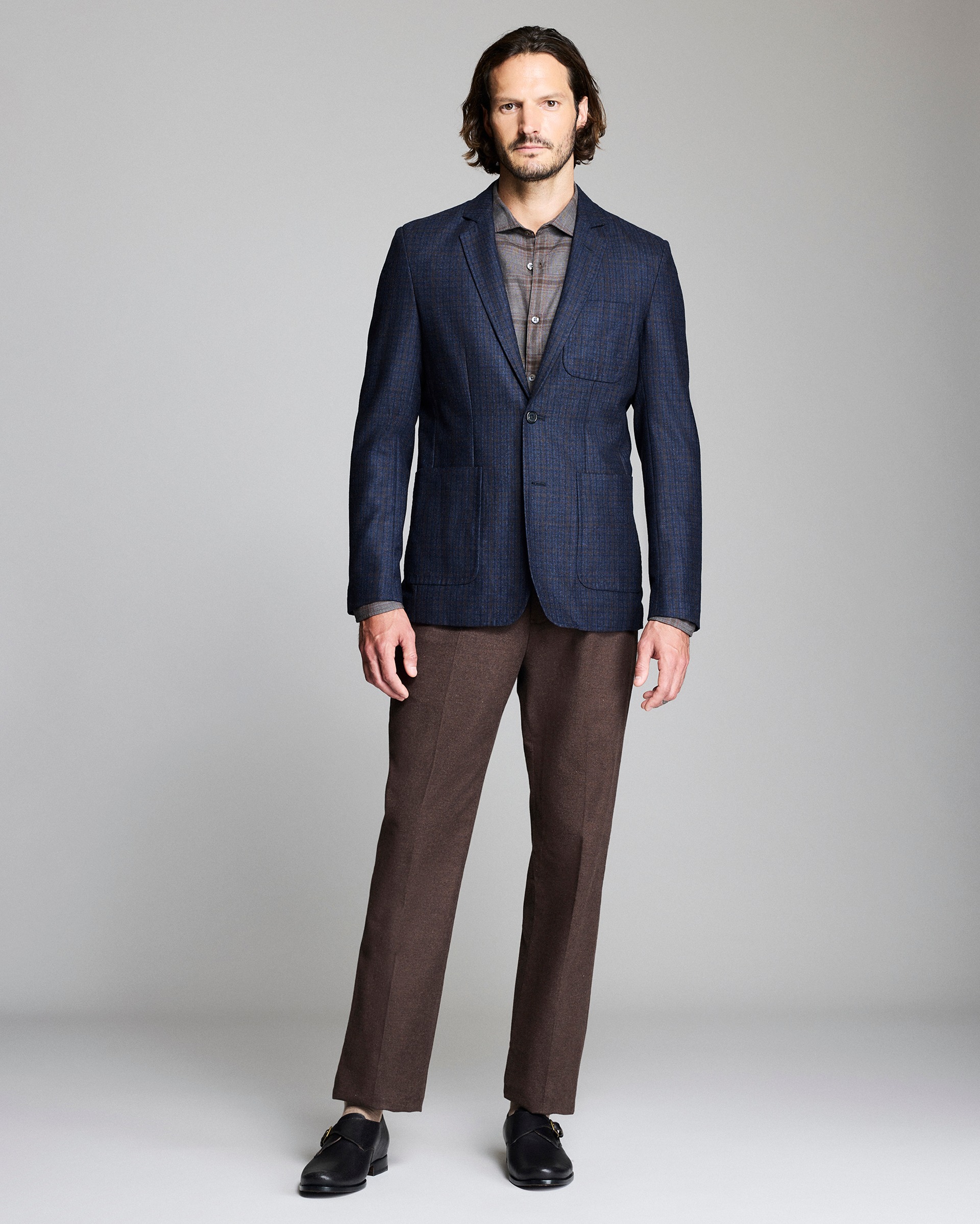 Model shows the fit of the jacket.