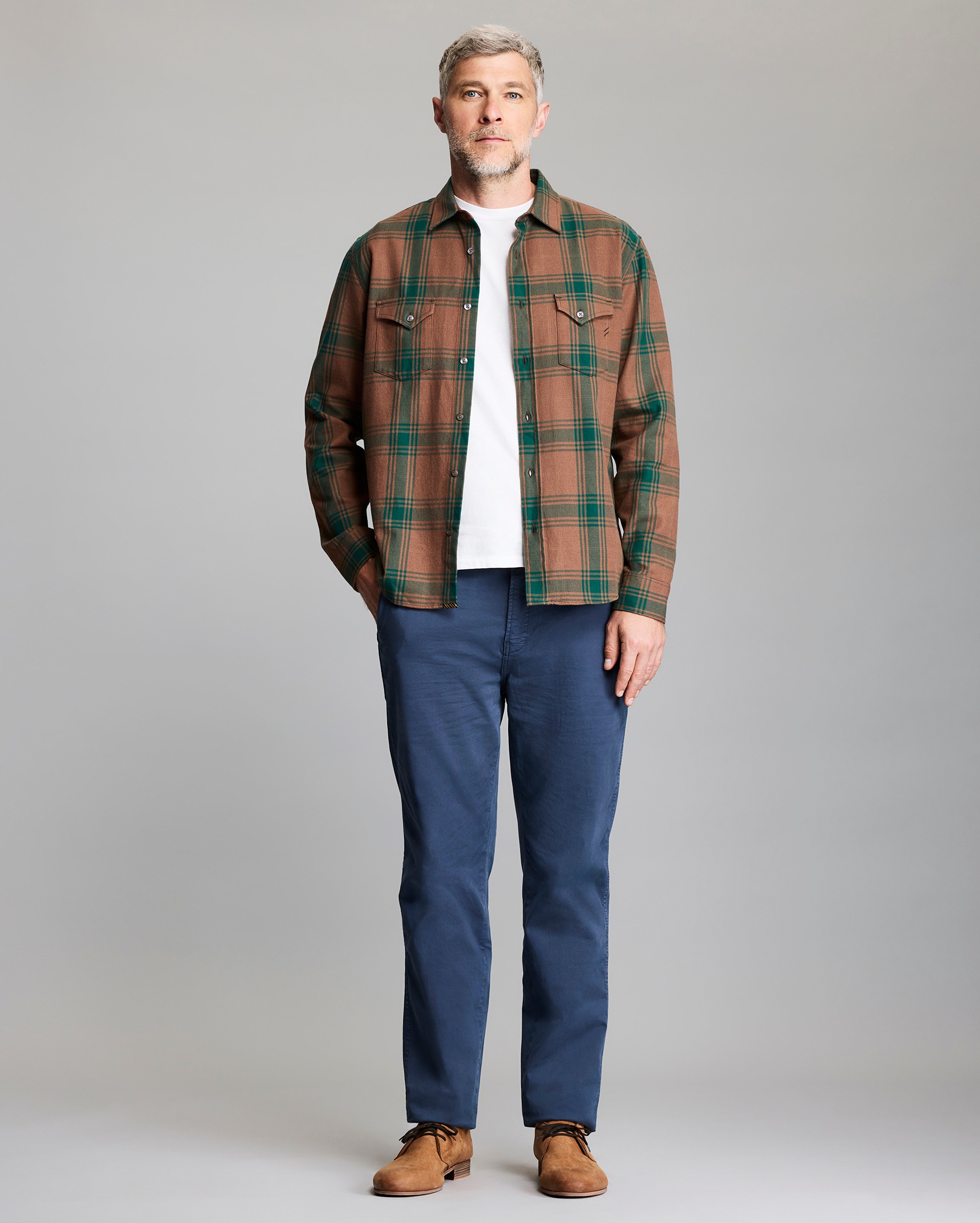 Model wears the large scale western shirt.