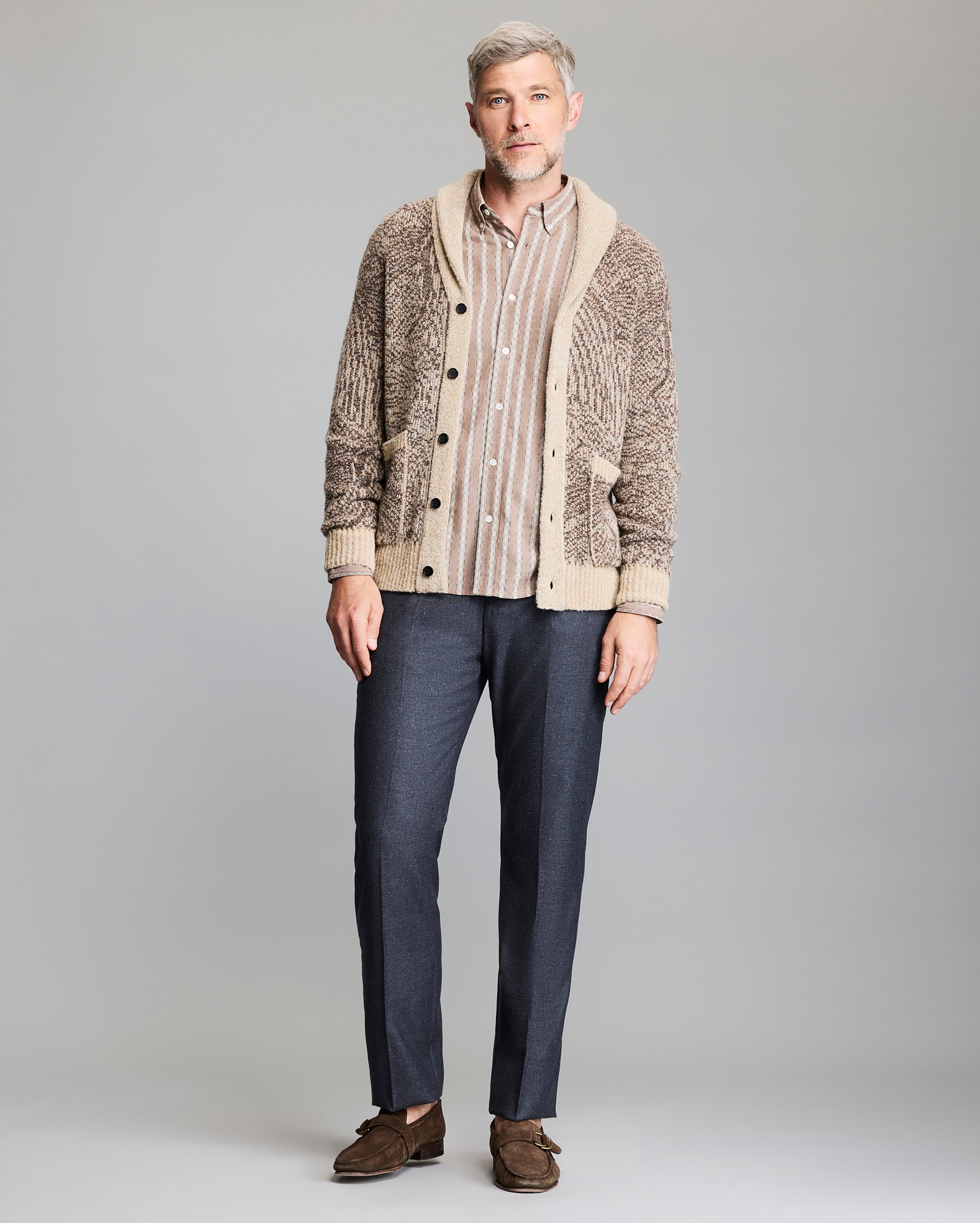 Model shows the fit of the cardigan.