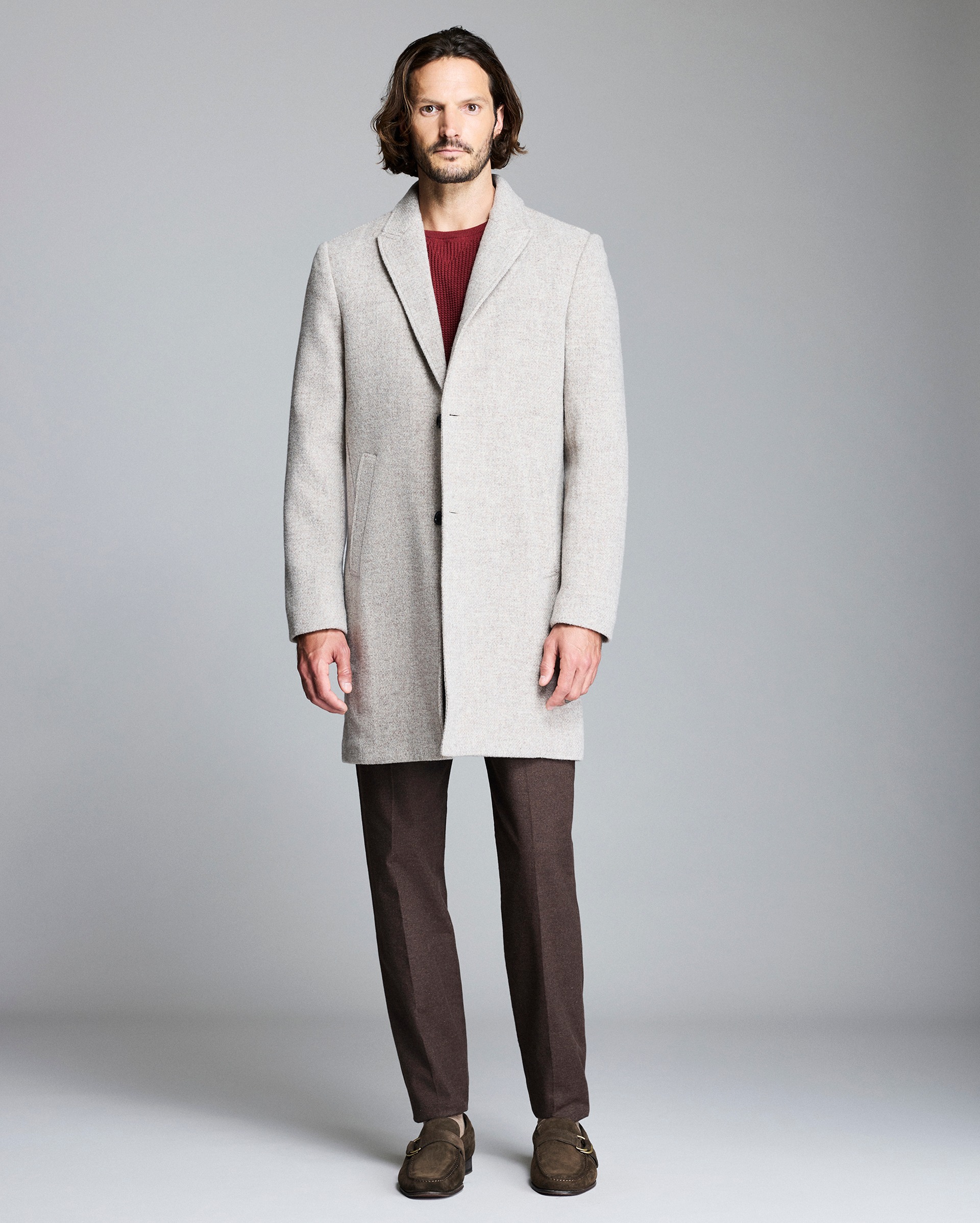 Model shows the fit of the coat.