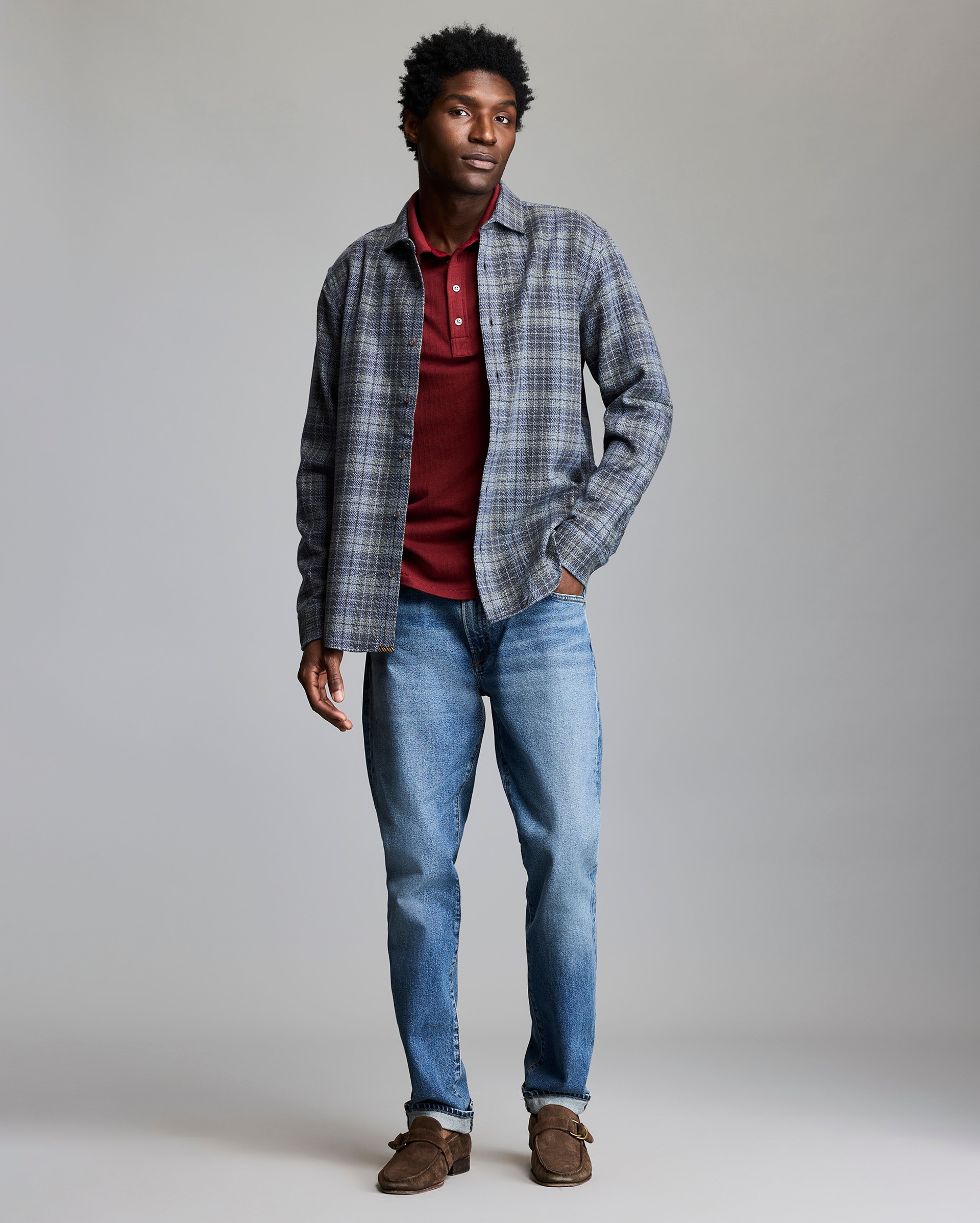 Model shows the fit of the shirt.