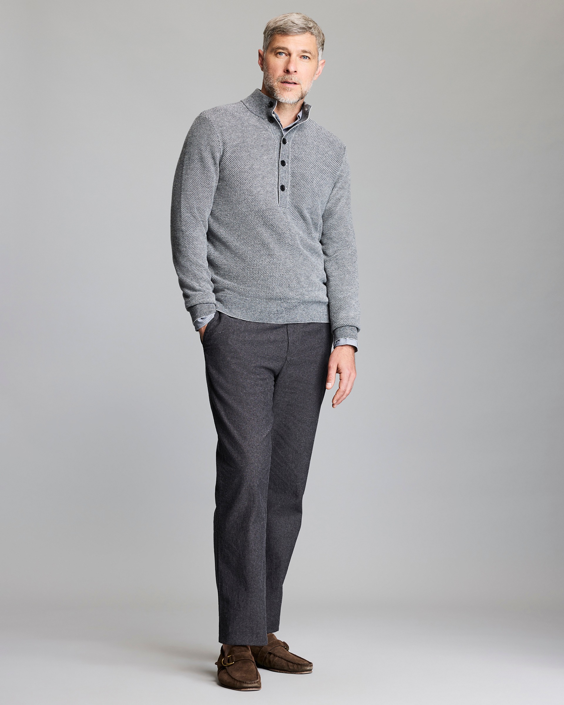 Model shows the fit of the pullover.