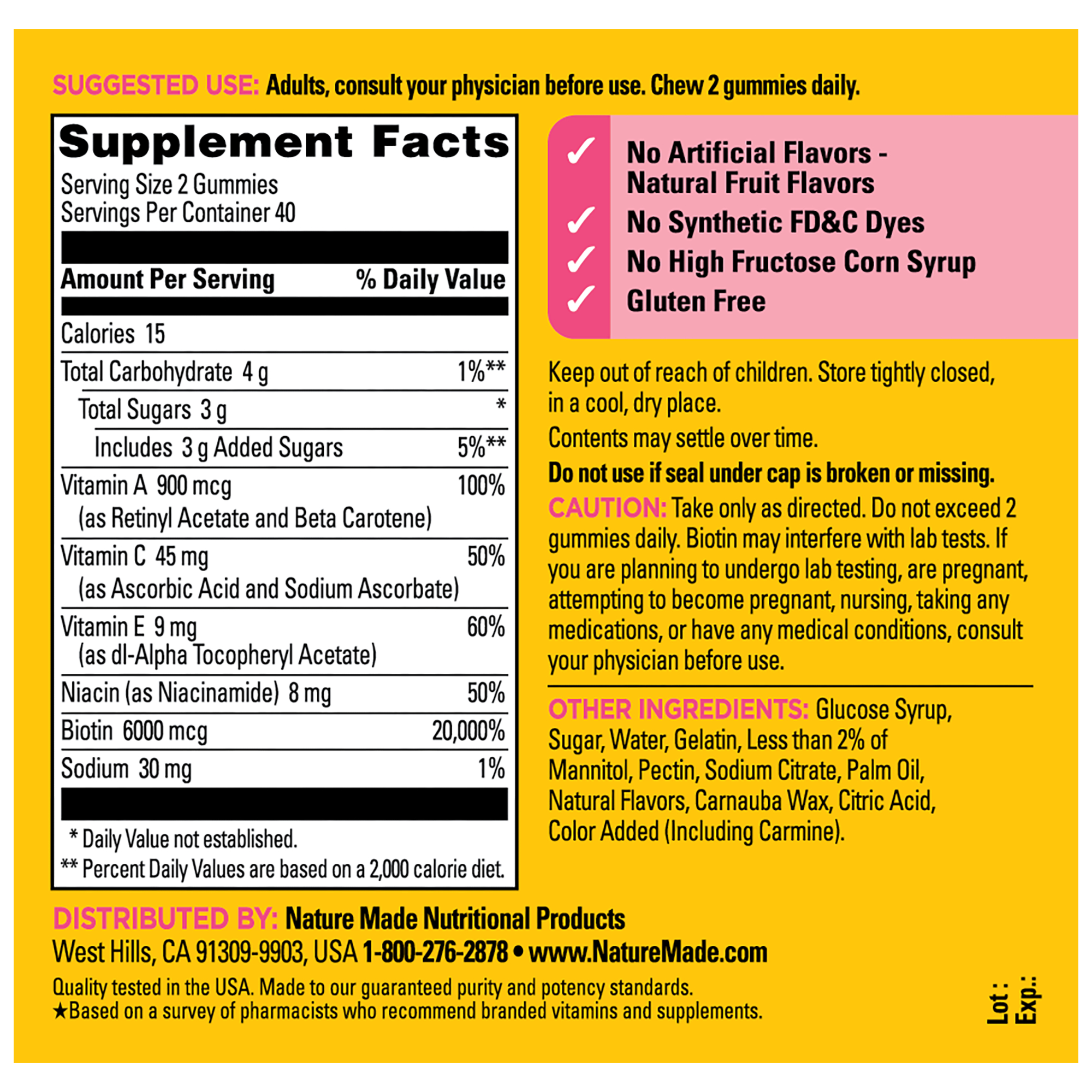Nature Made Advanced Hair, Skin & Nails Gummies showing Supplement Facts, Biotin 6000 mcg, vitamins A, C, E, niacin, suggested use instructions, ingredients, and product information. Label highlights no artificial flavors, no synthetic FD&C dyes, no high fructose corn syrup, and gluten free.