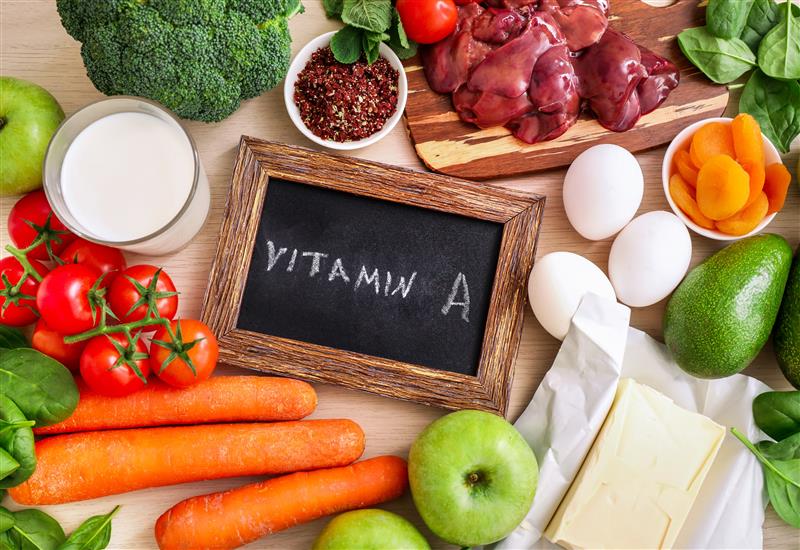 Assortment of Vitamin A foods on a counter.