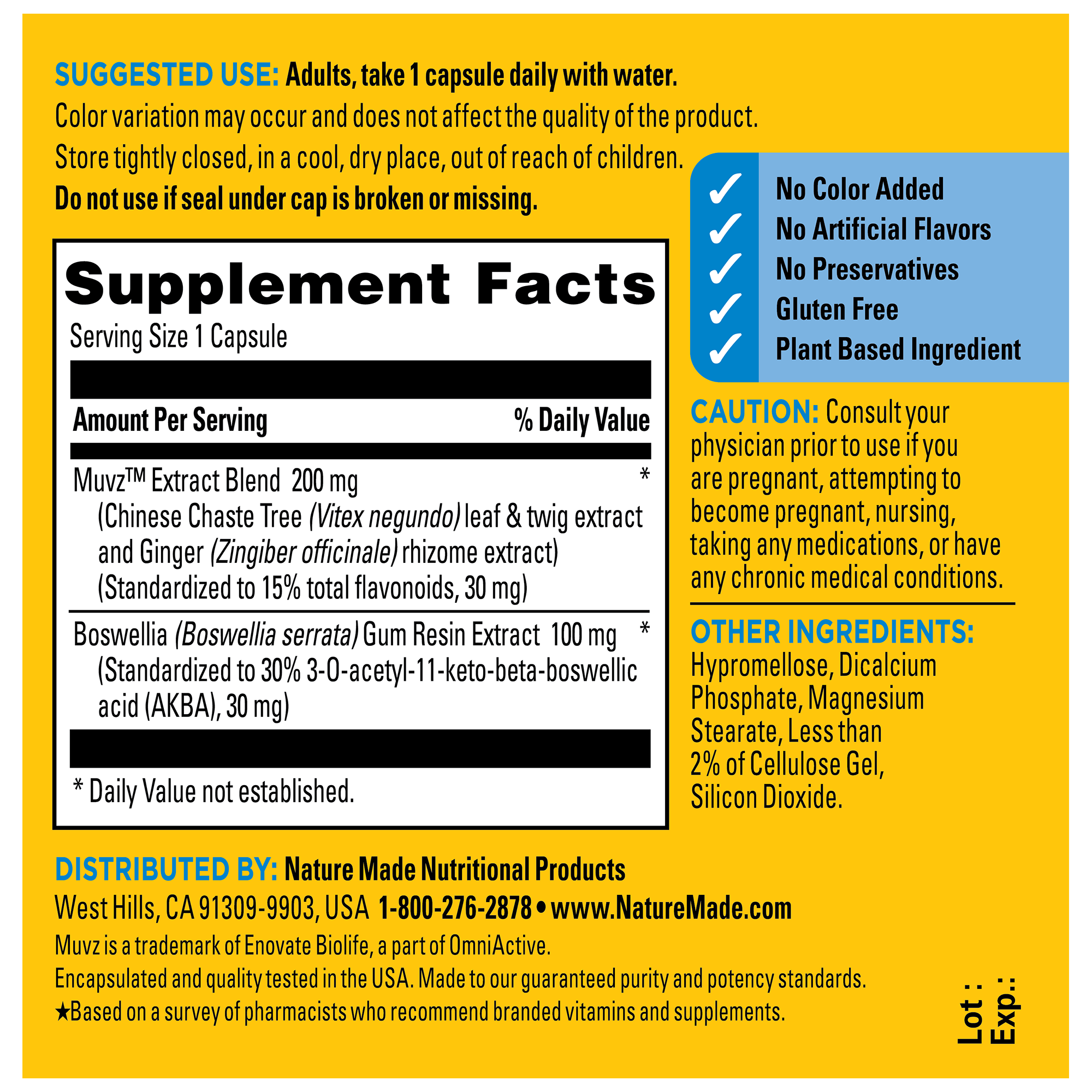 Supplement label with detailed information on ingredients, usage, and distribution details.
