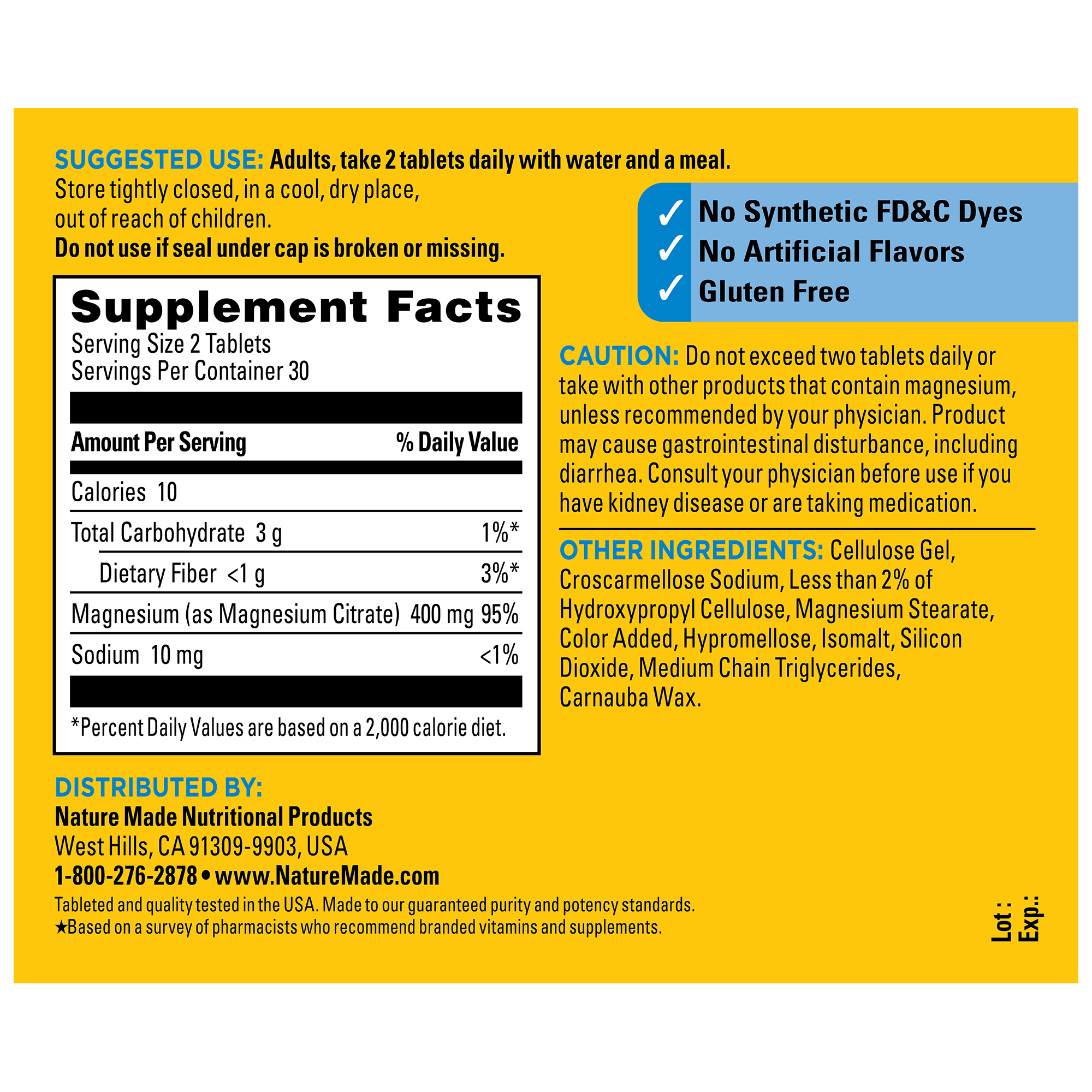Supplement label with detailed information on a yellow background