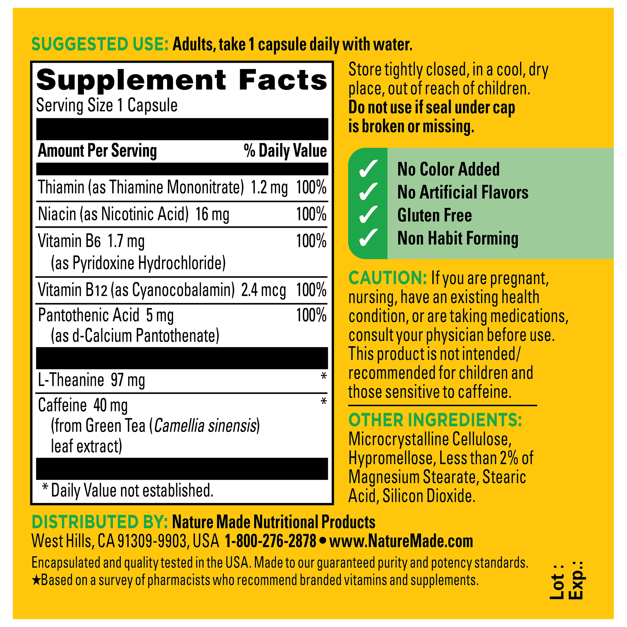 Supplement label with detailed nutritional information and storage instructions on a yellow background.