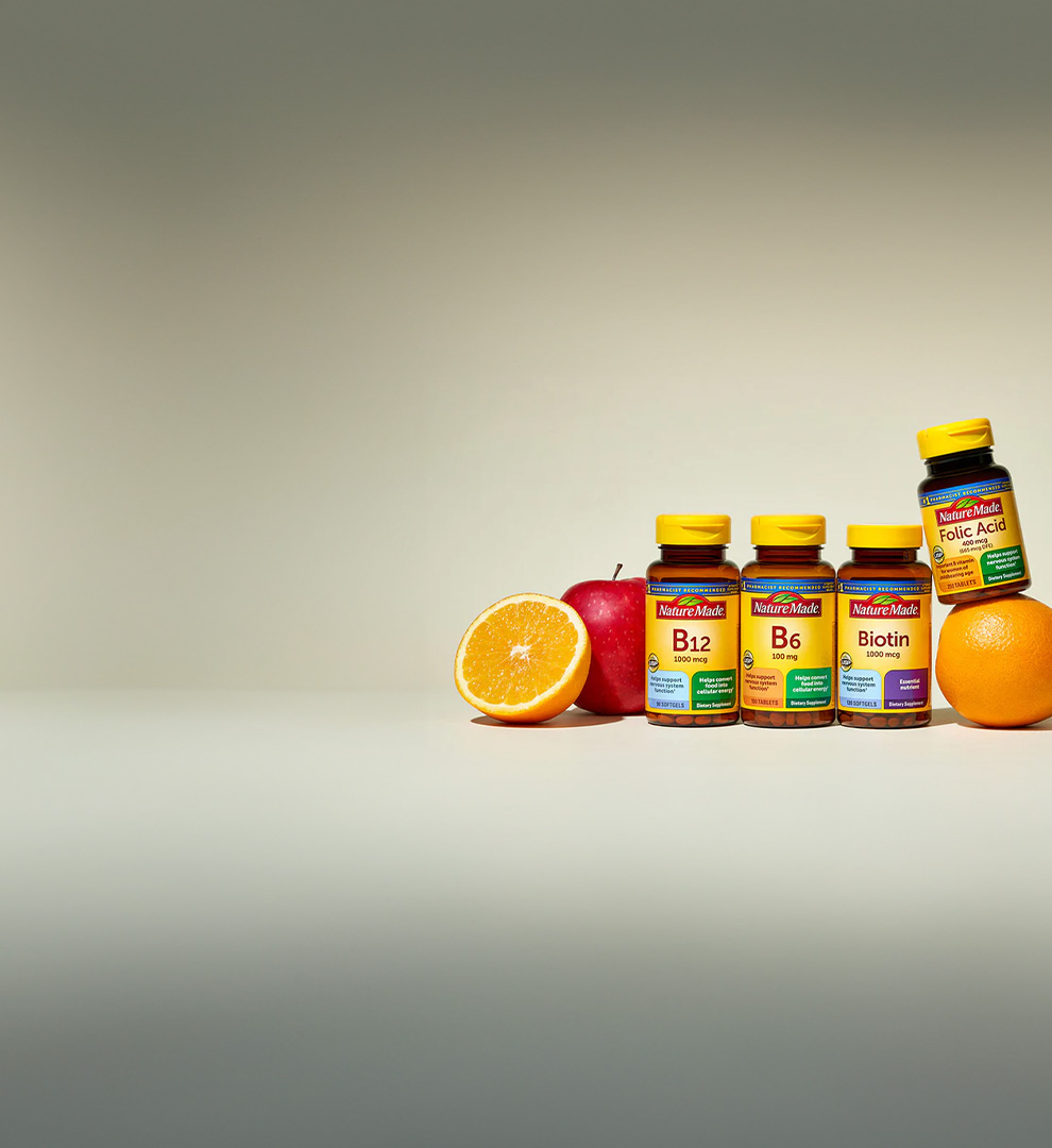 Assortment of Nature Made supplements including B12, Biotin and Folic Acid.