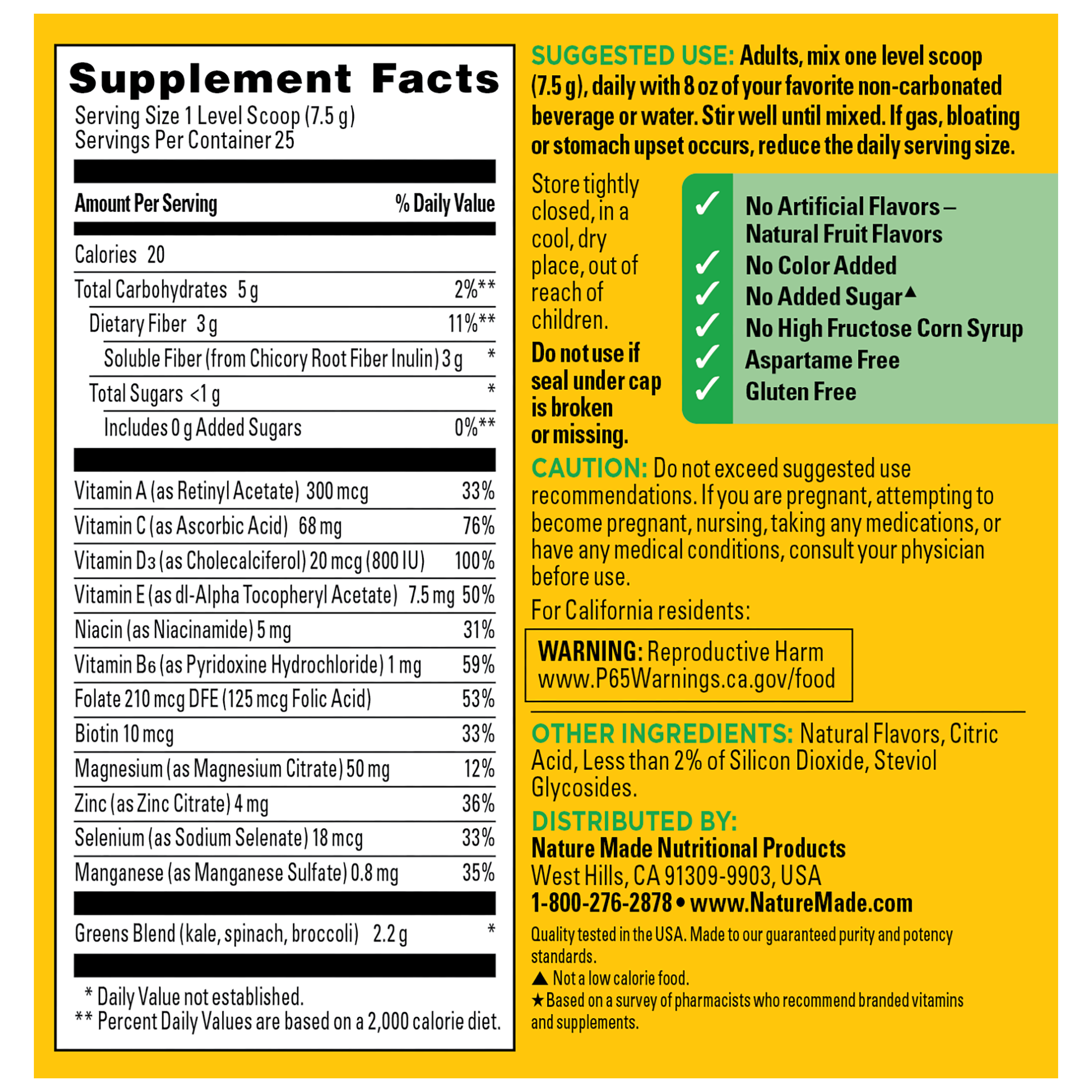 Supplement label with detailed nutritional information and safety warnings on a yellow background