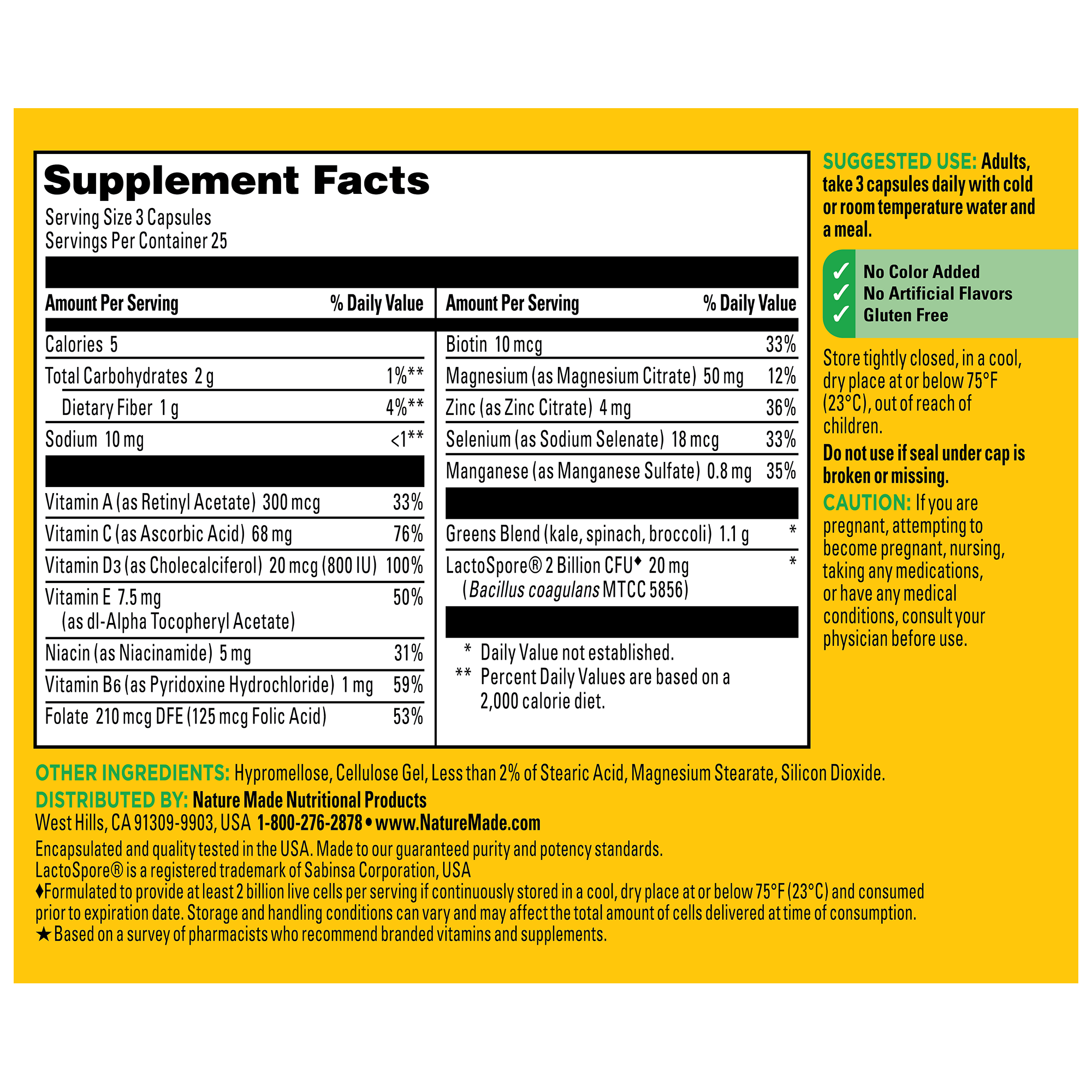 Supplement label with detailed nutritional information on a yellow background