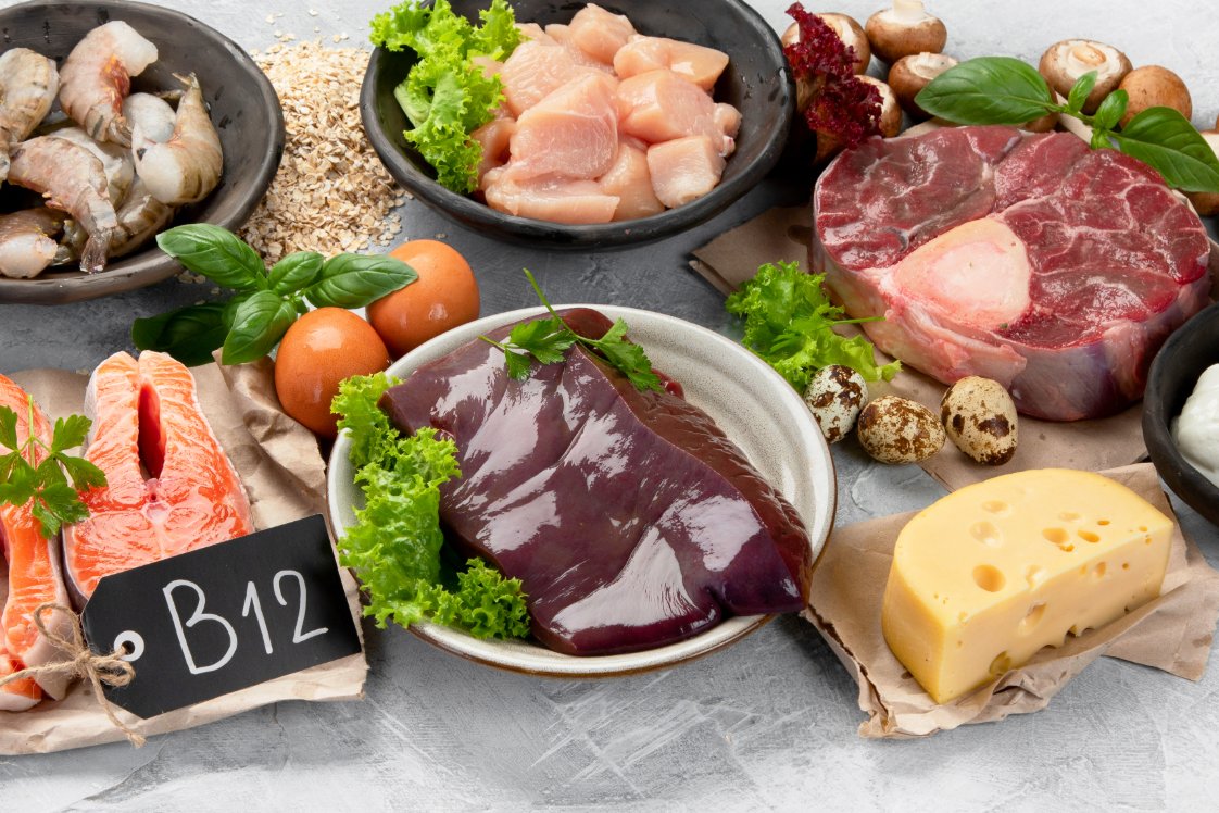 Assortment of food with B12 sign.