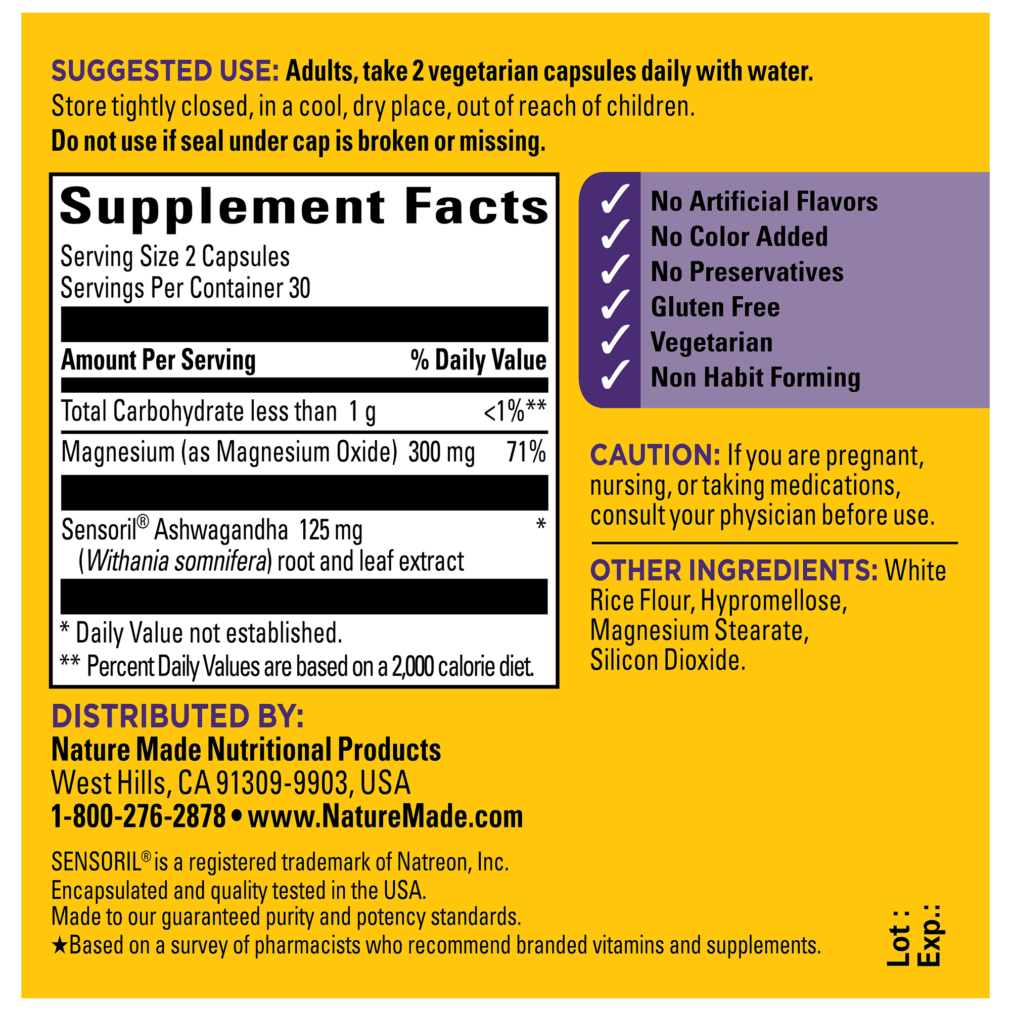 Supplement label with detailed information on ingredients, usage, and distribution details.