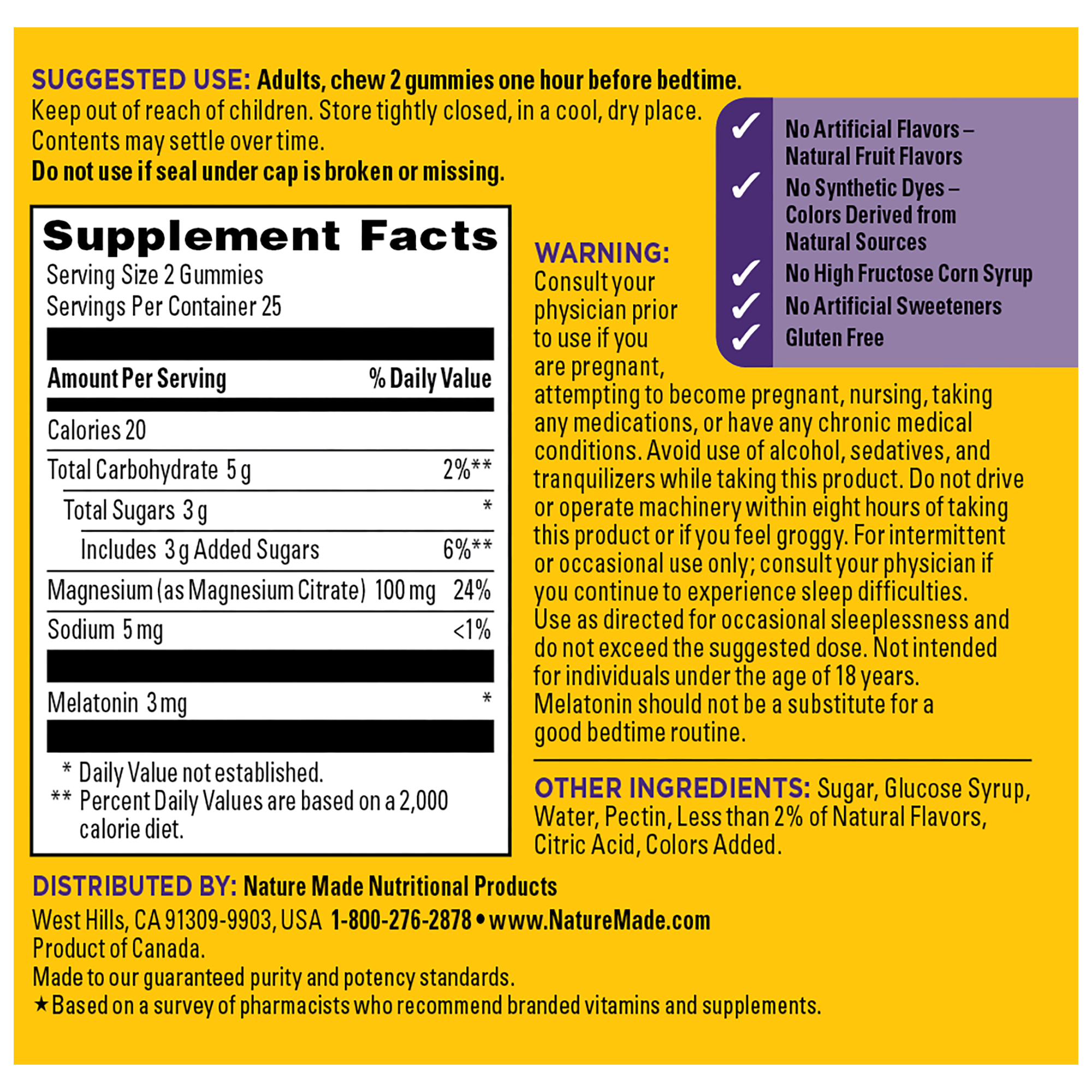 Supplement label with ingredients, warnings, and distribution information on a yellow background