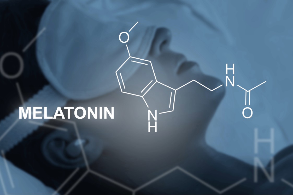 Infographic illustrating of melatonin and a person sleeping with a sleep mask on.
