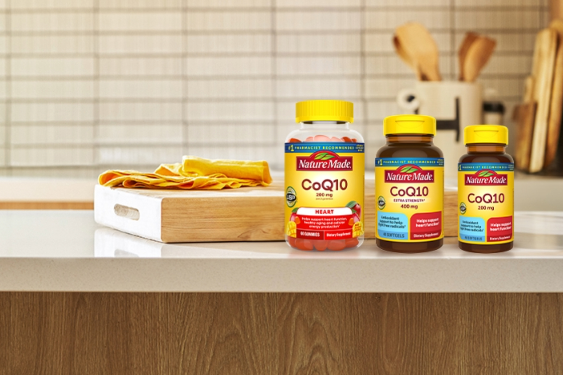 Nature Made CoQ10 supplements assortment on a kitchen counter