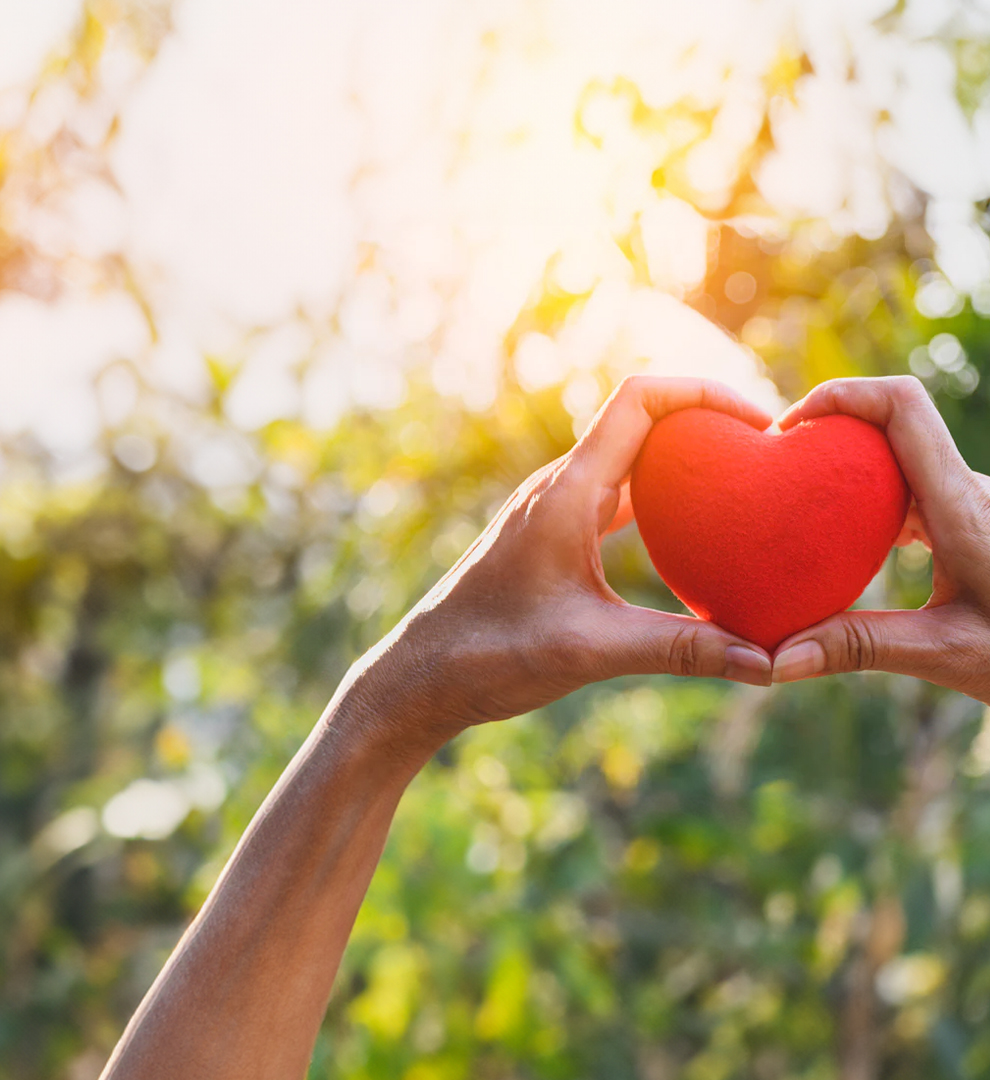 Hands wrapped around a red heart outdoors.
