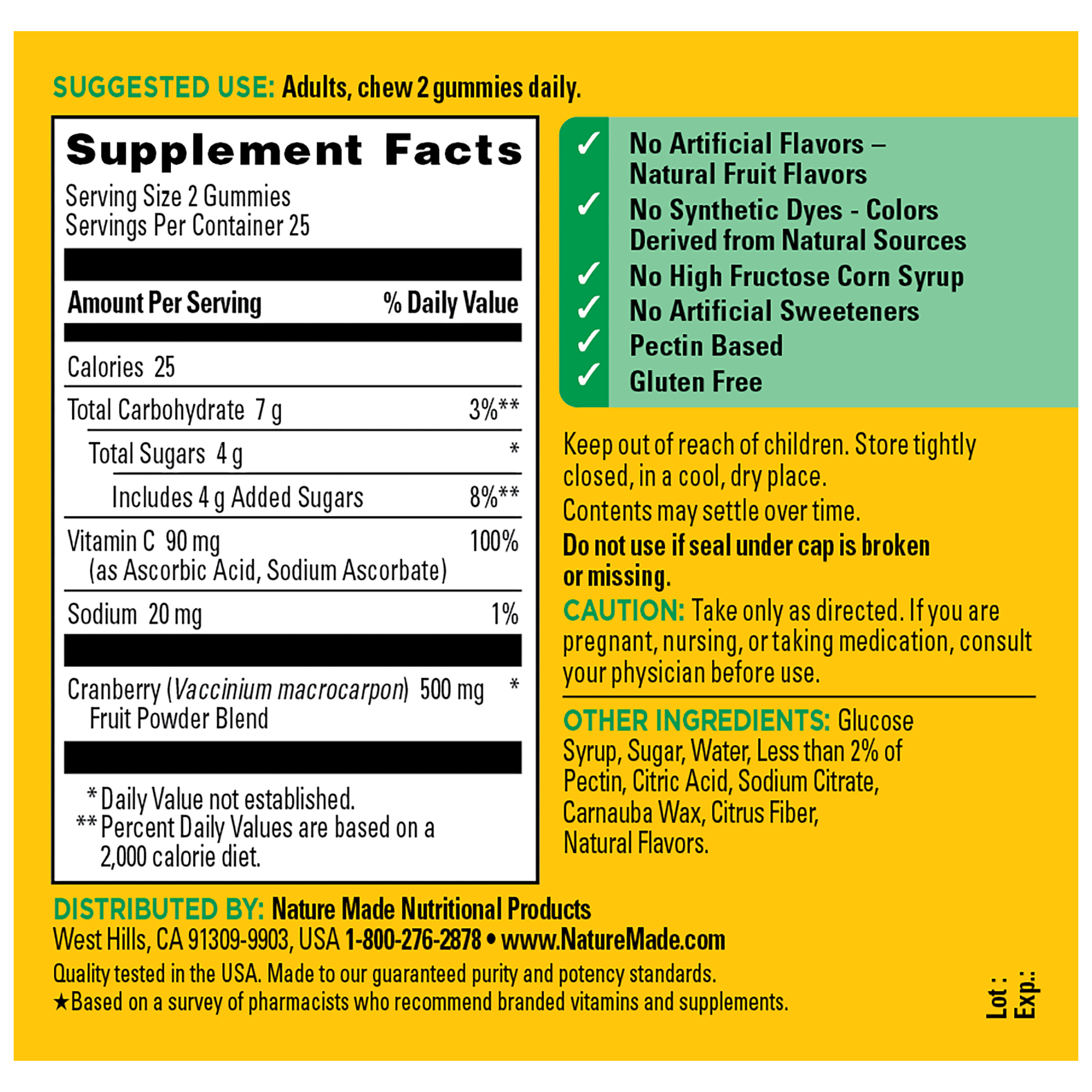 Supplement Facts panel for Nature Made Cranberry + C Gummies, listing serving size (2), amount per serving (500 mg cranberry, 90 mg vitamin C), percent daily value, and inactive ingredients. 