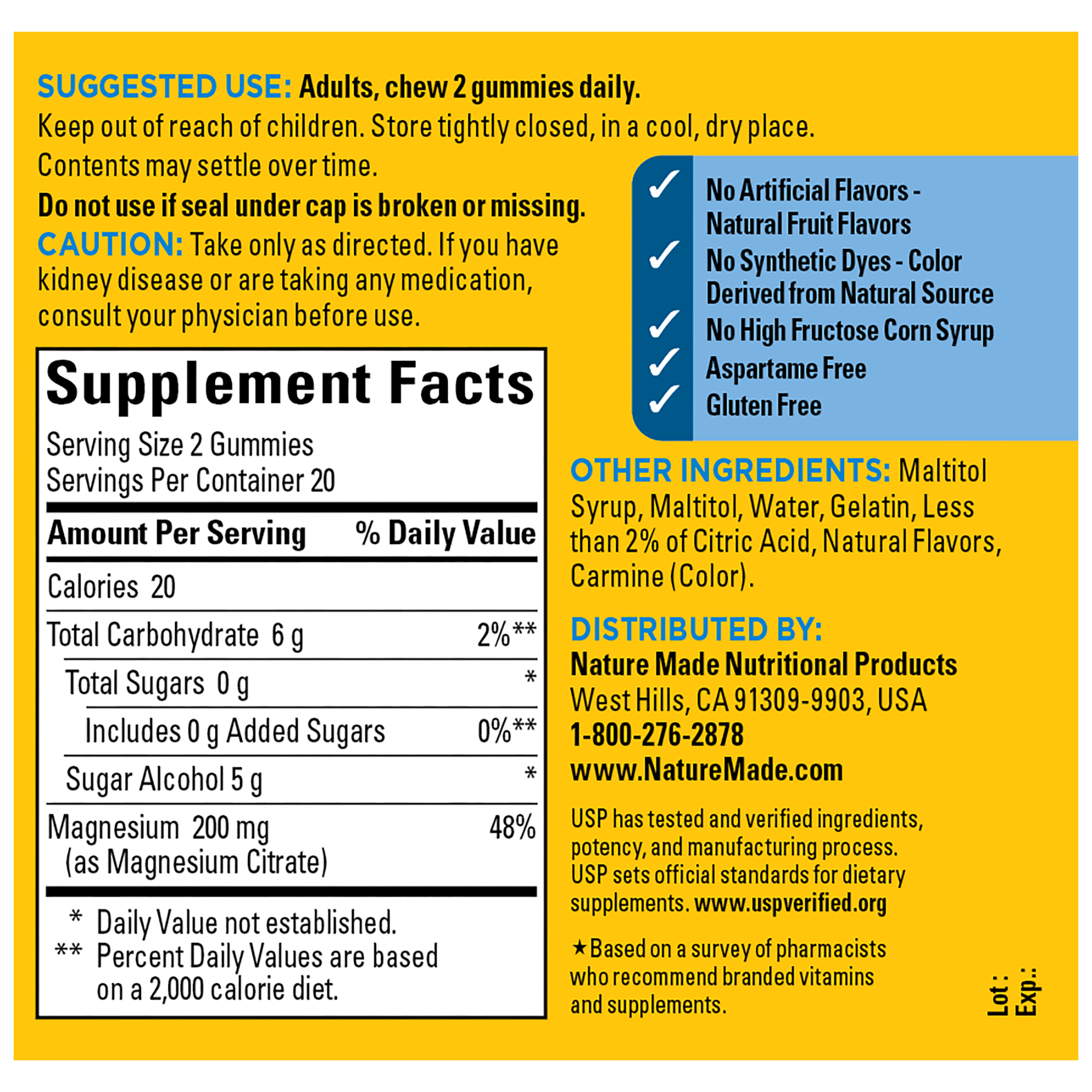 Supplement label with nutritional information and product details on a yellow background