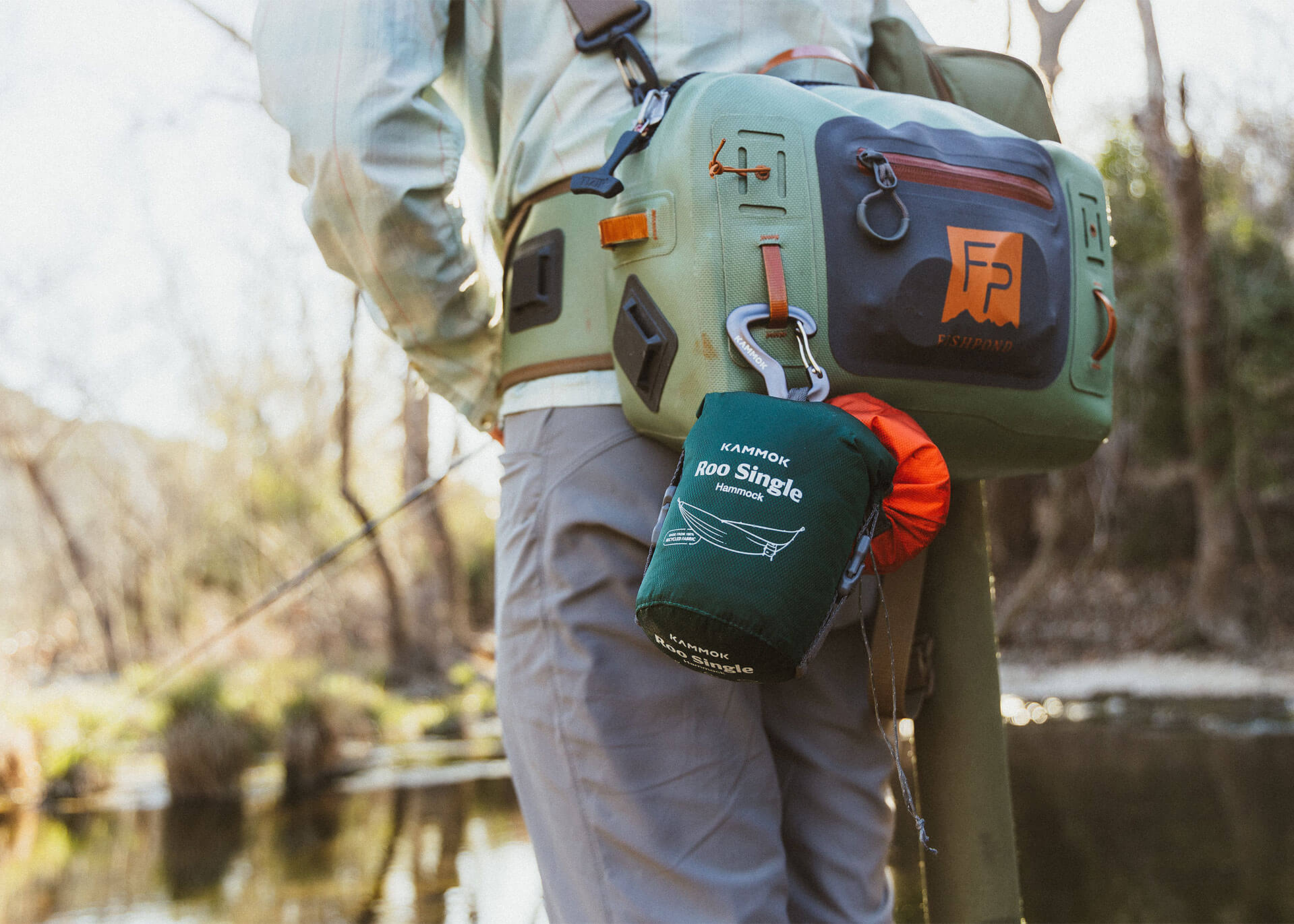 Kammok Roo Single and Python 10 straps in stuff sack hanging from fishing bag.