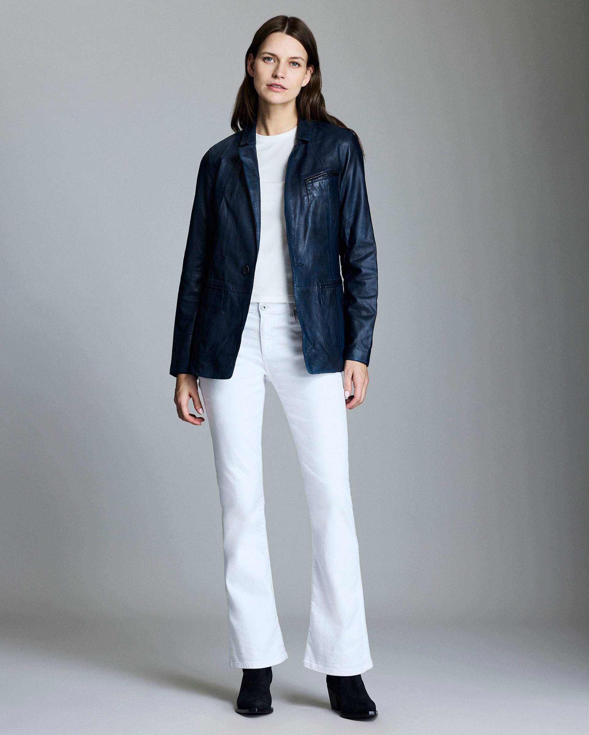Model shows the fit of the blazer.