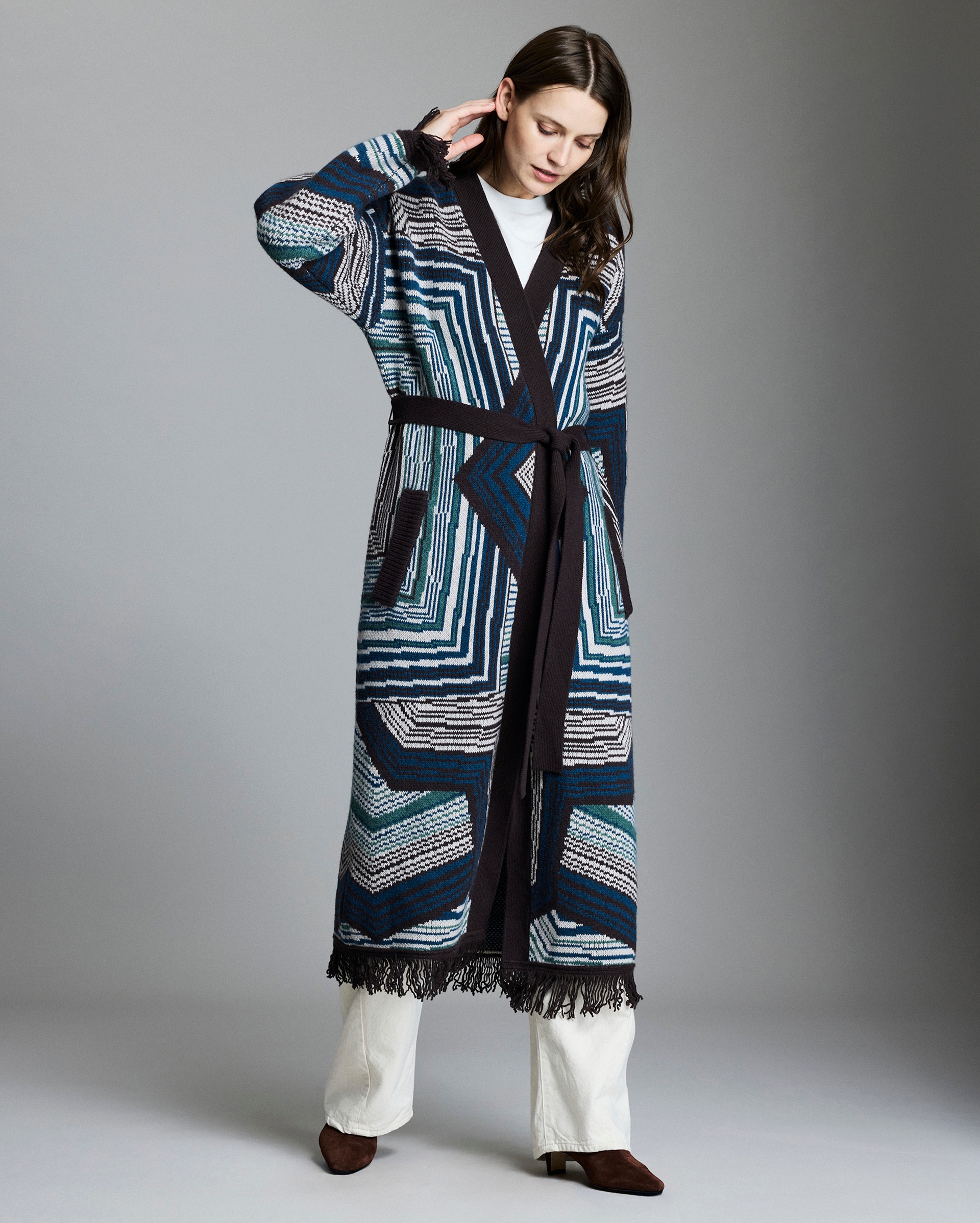 Model shows the fit of the coat.