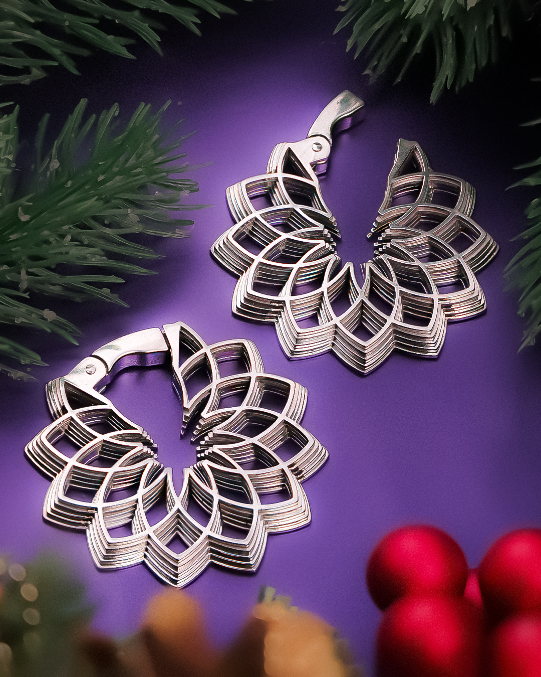 Classy Handcrafted Spirograph  Silver Mandala Flower Ear Weights (Pair)