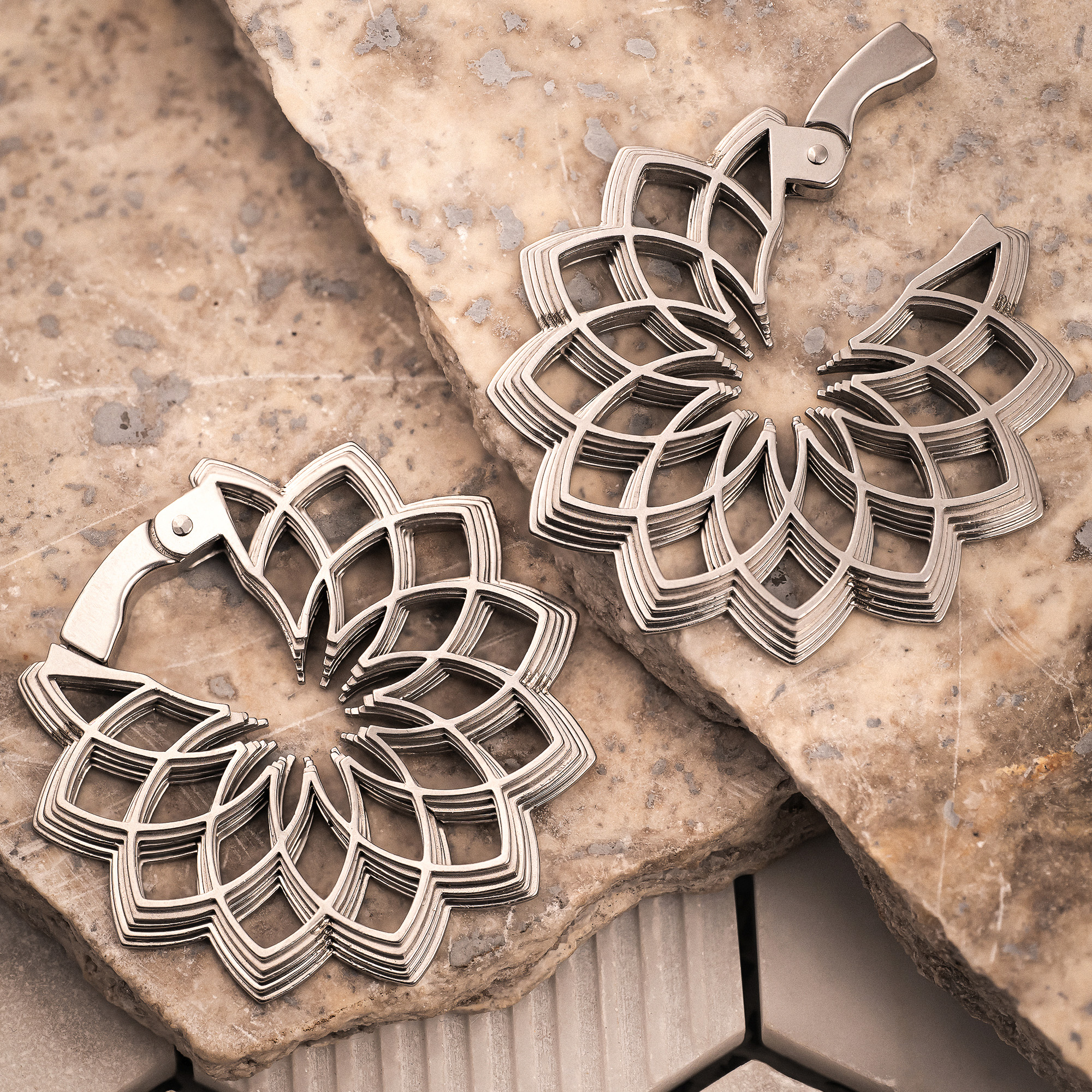 Elegant Handcrafted Girly  Silver Mandala Flower Ear Weights (Pair)