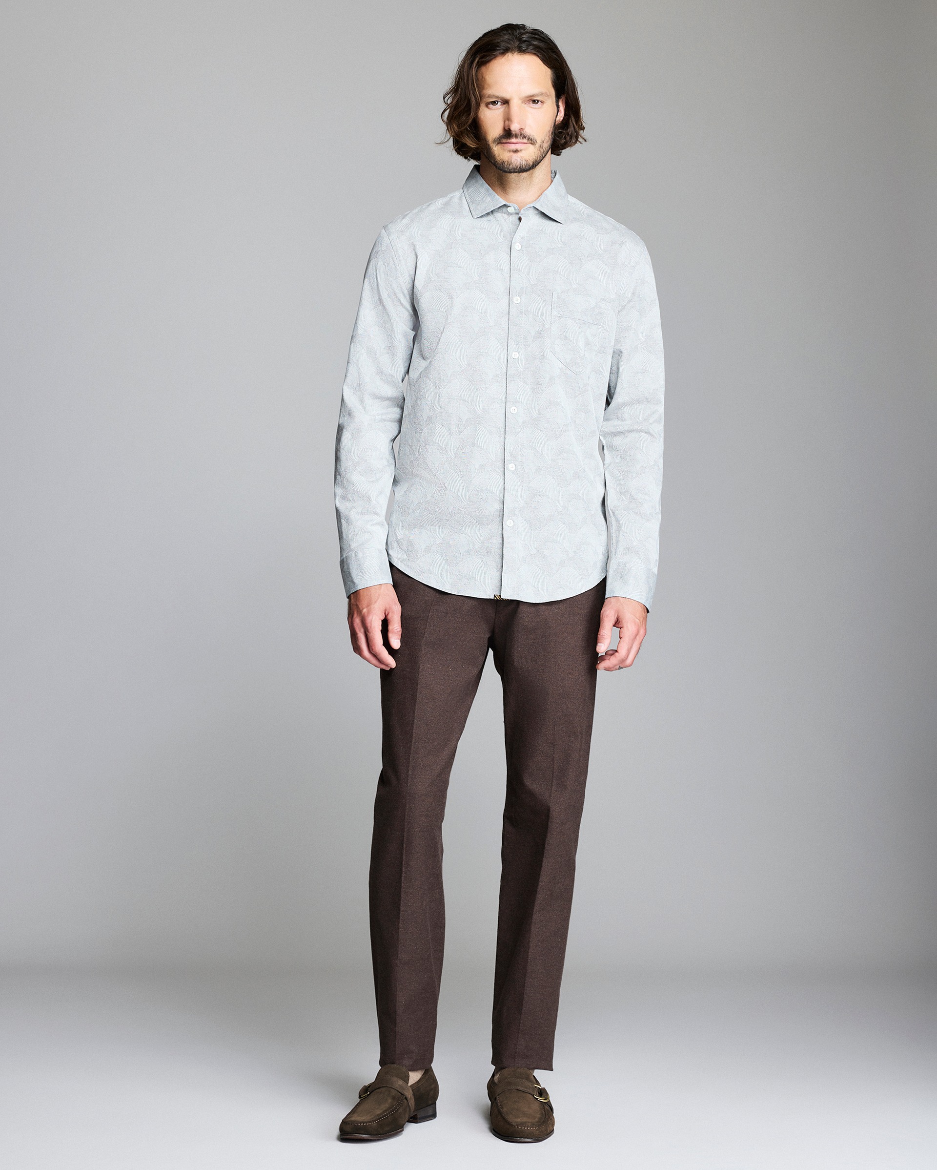 Model shows the fit of the shirt.