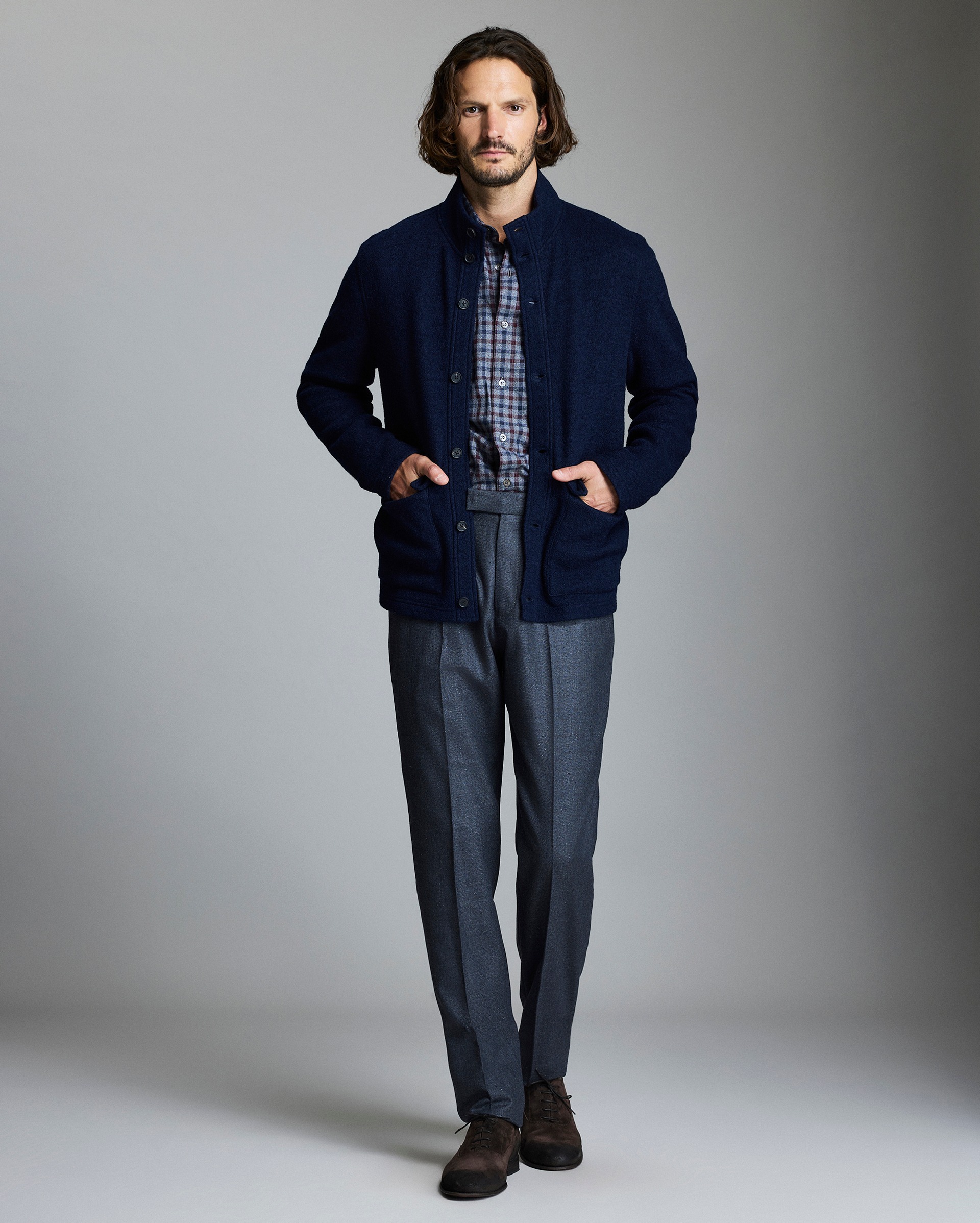 Model shows the fit of the jacket.