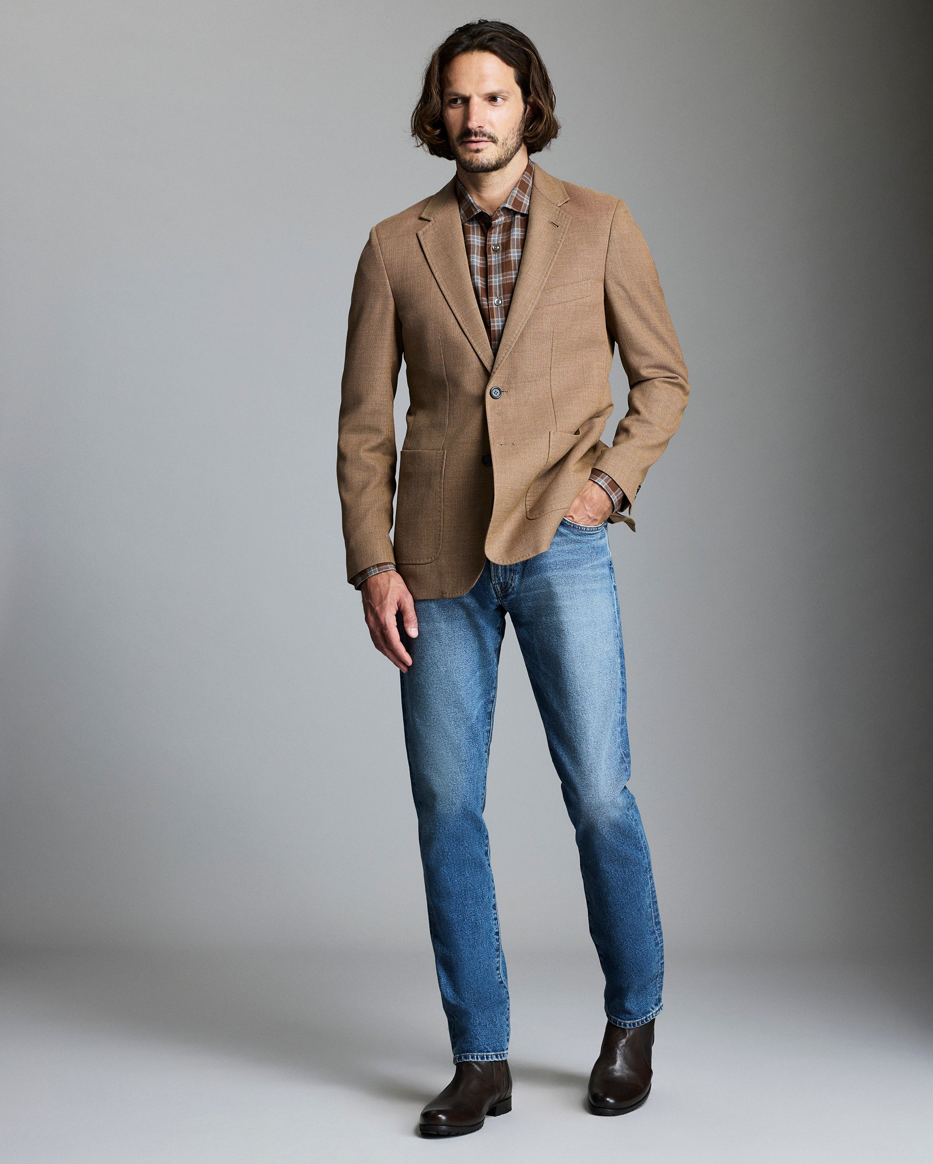 Model shows the fit of the jacket.