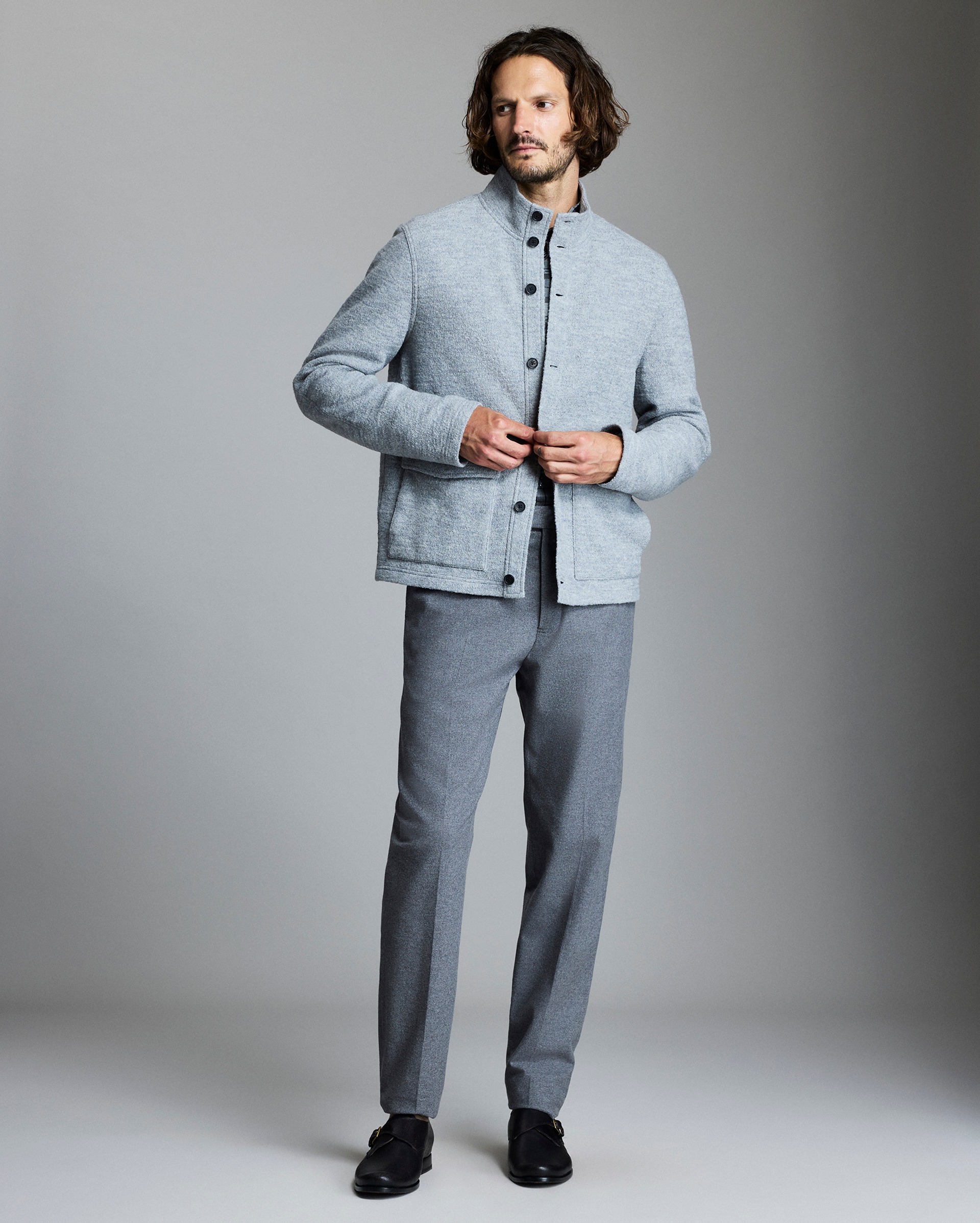 Model shows the fit of the jacket.