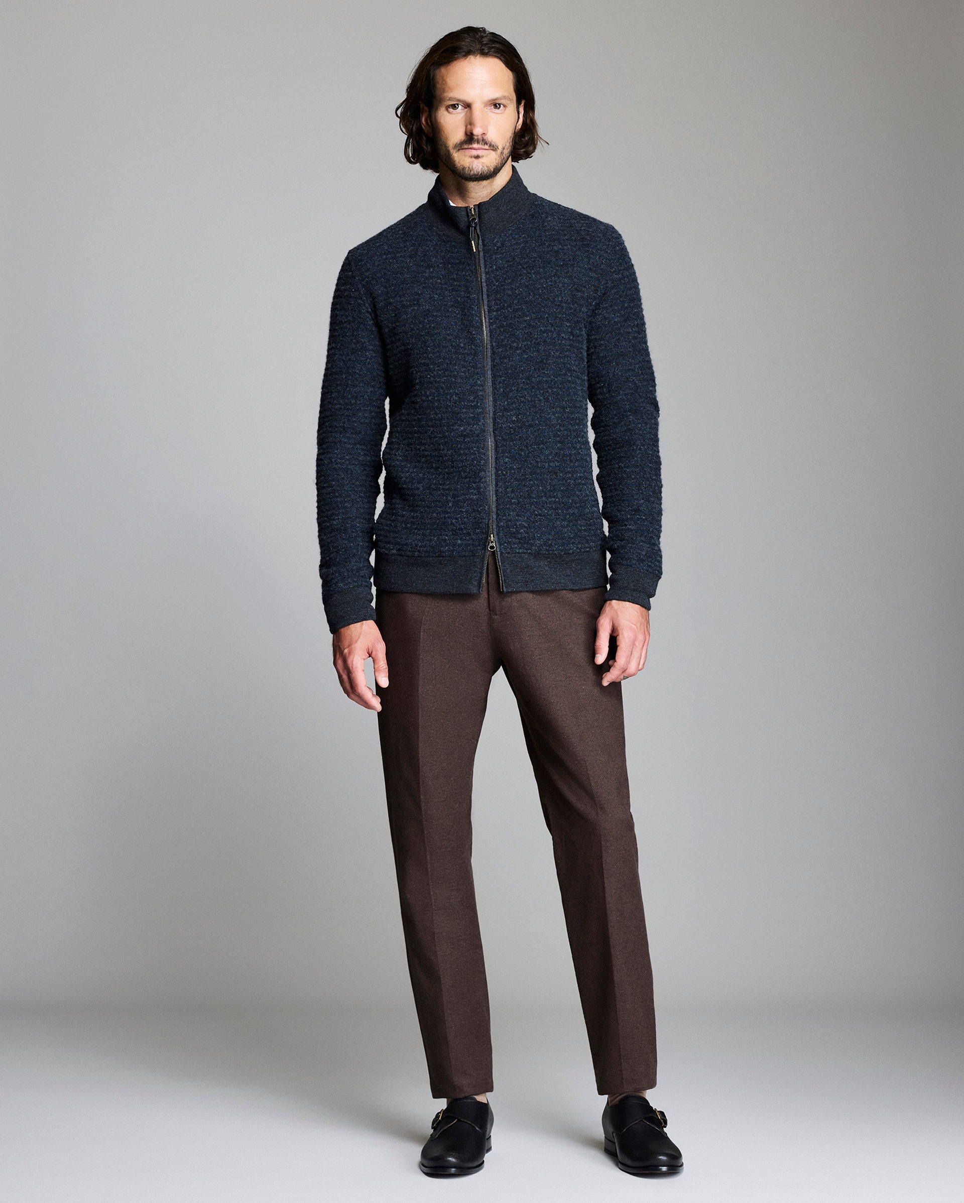 Model shows the fit of the jacket.