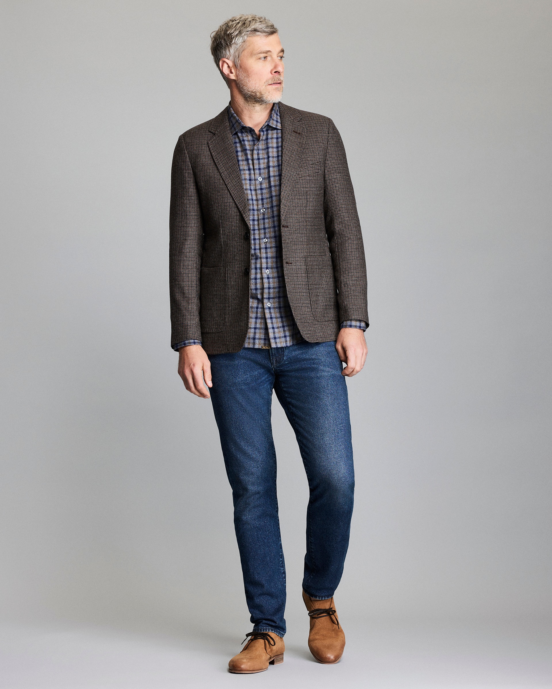 Model shows the fit of the jacket.