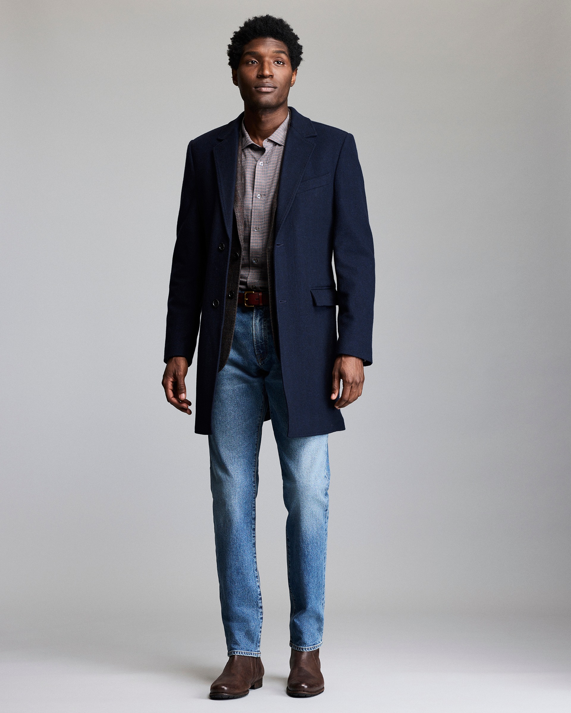 Model shows the fit of the coat.