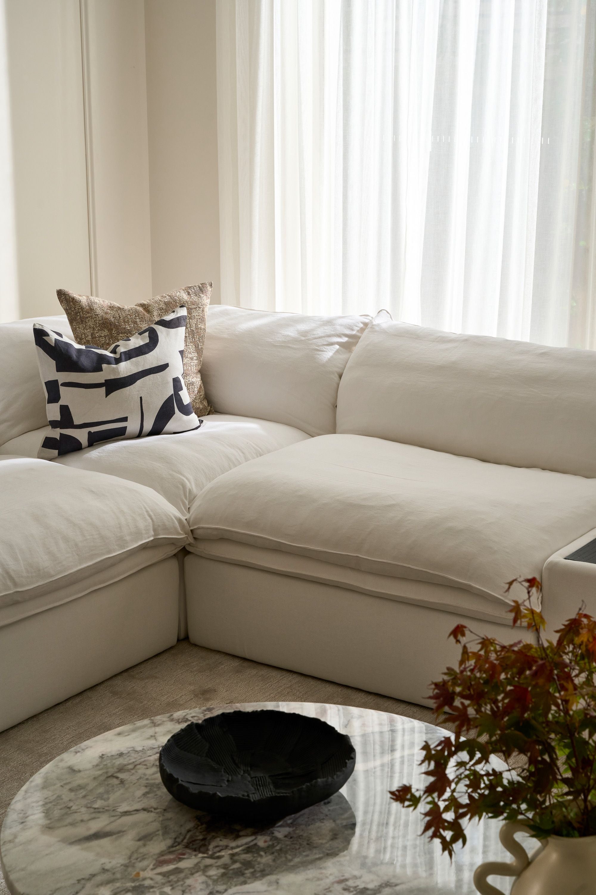 Cloud Sofa - x2 1 Seater Arm / Corner + Side Table - Ivory Linen - Floor Stock