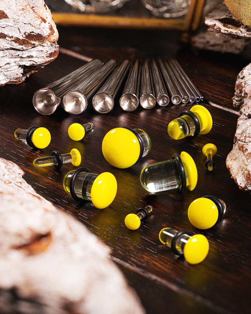 Custom Plugs - Clear & Yellow Single Flare Glass Taper Kit & Plug : Gauge - Lifestyle