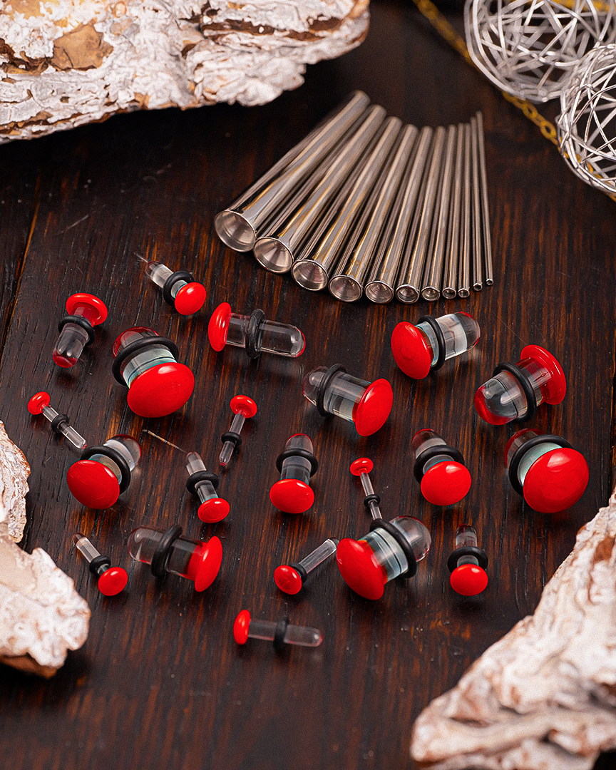 Custom Plugs -33 piece Clear & Red Single Flare Glass Taper Kit & Plug / Gauge - Lifestyle 2