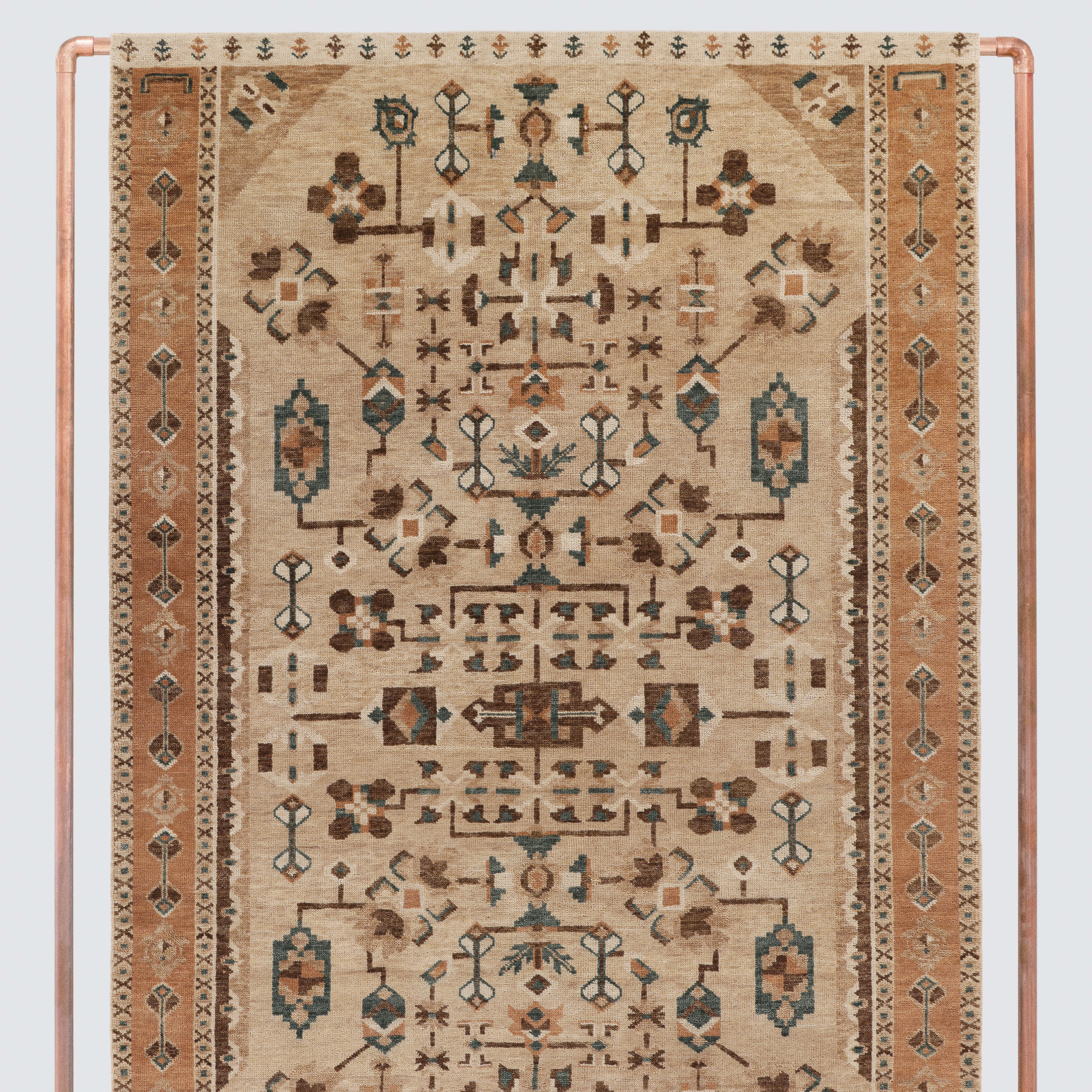 botanical area rug in bedroom, clay