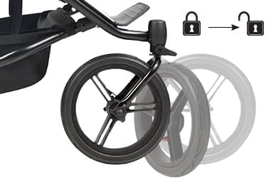 the front wheels can be locked back OR full swivel for added manoeuvrability and control when pushing on rough terrain or jogging