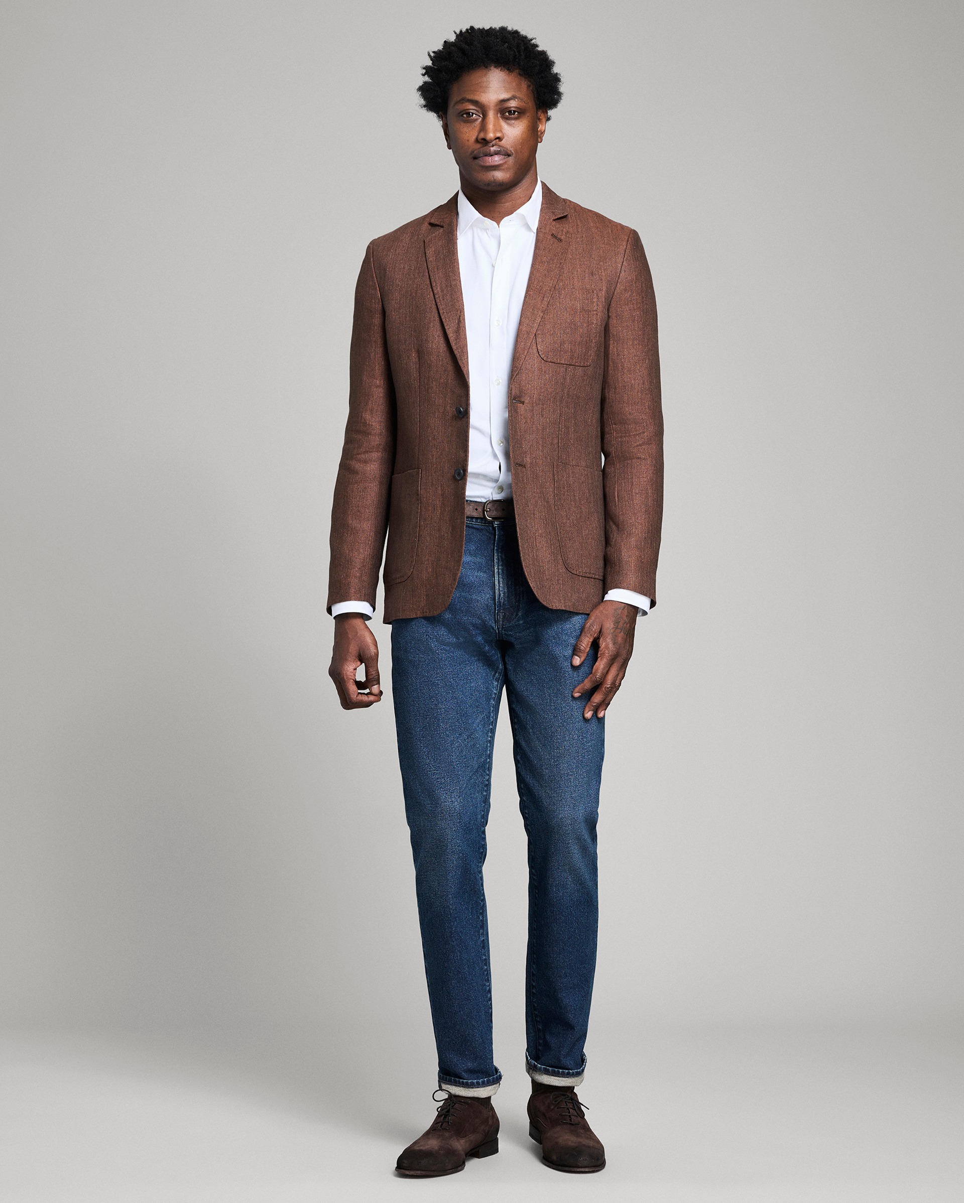 Model shows the fit of the coat.