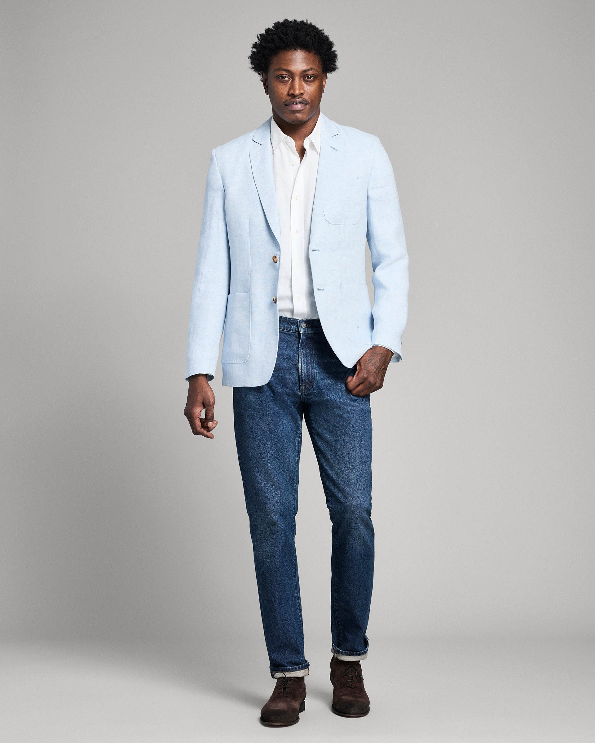 Model shows the fit of the coat.