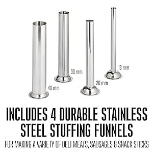 Includes 4 stuffing funnels to make a variety of deli meats, sausages and snack sticks